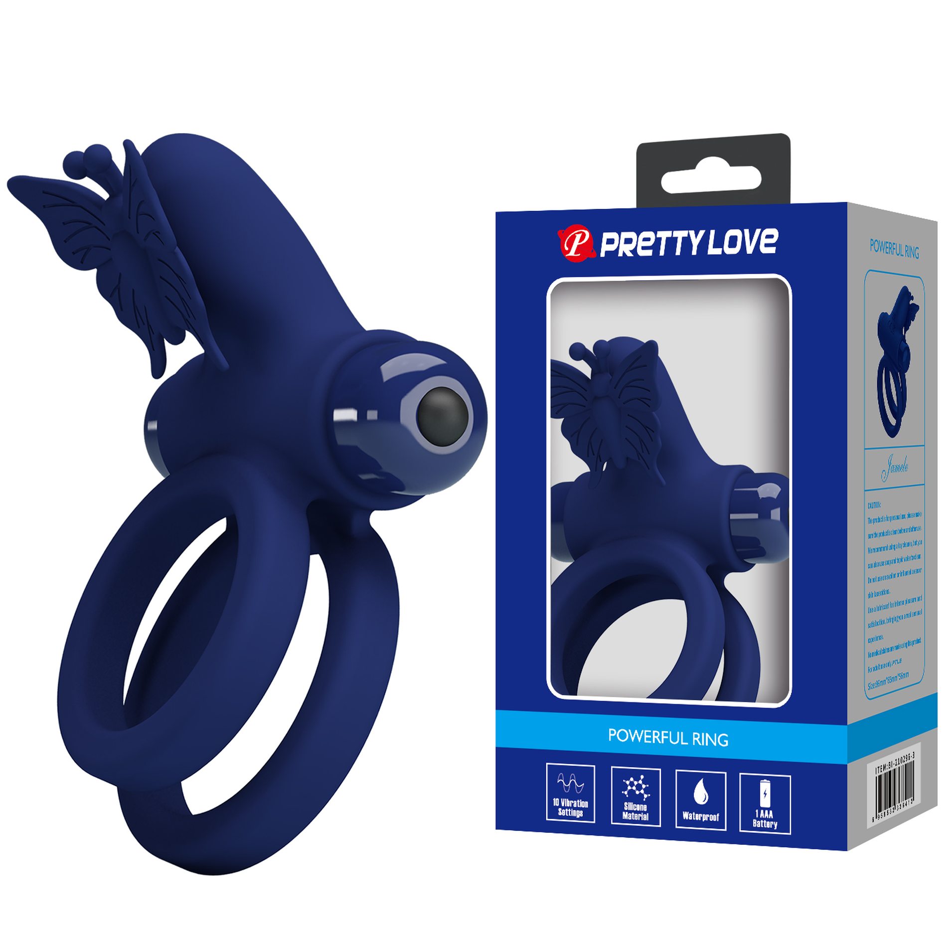 Ерекційне віброкільце подвійне PRETTY LOVE Powerful Ring Jamele з метеликом, 10 режимів, синє