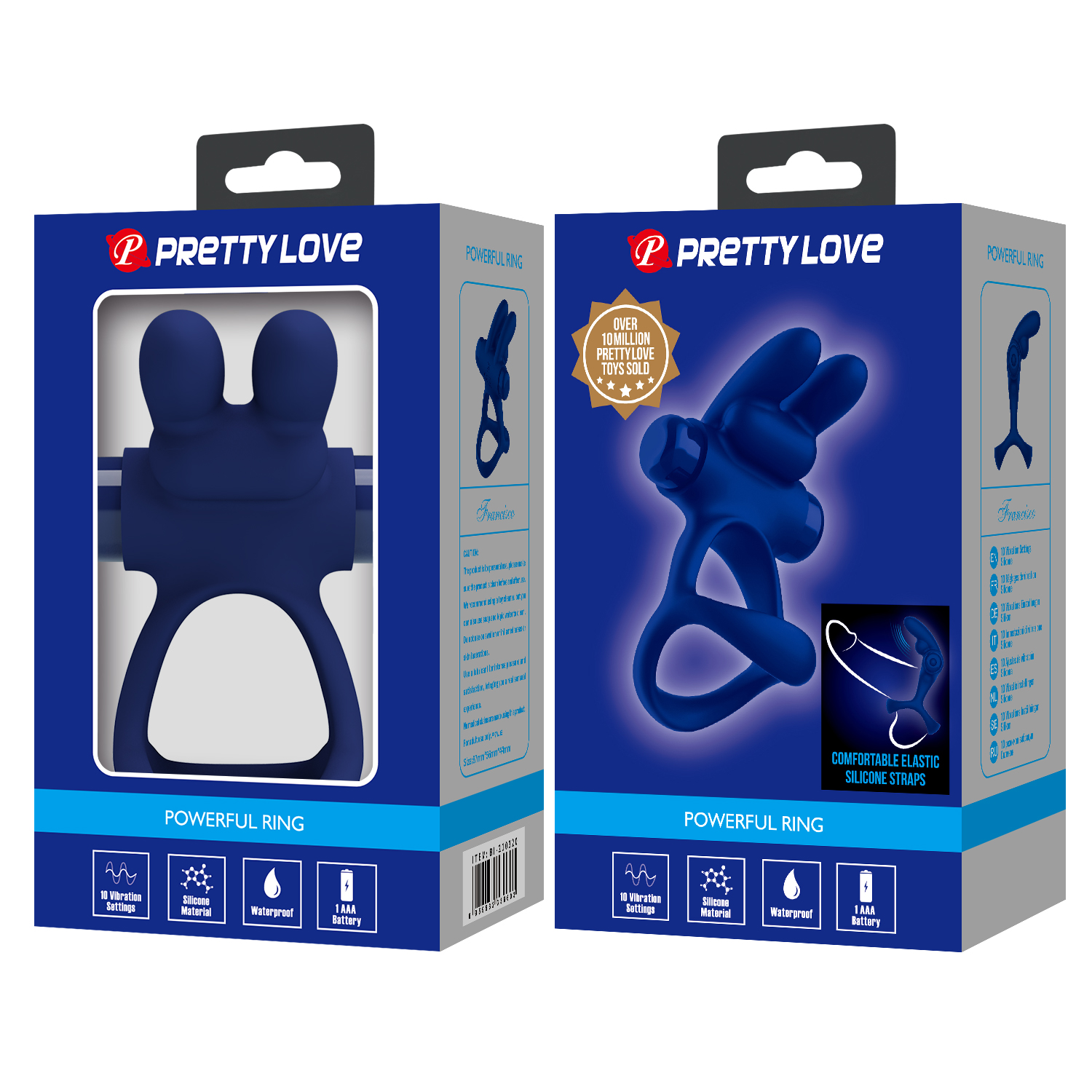 Ерекційне віброкільце PRETTY LOVE Powerful Ring подвійне, з вушками для клітора, синє, 8.7 х 3.3 см