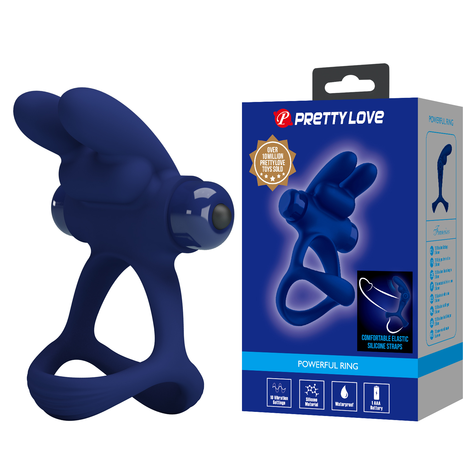 Ерекційне віброкільце PRETTY LOVE Powerful Ring подвійне, з вушками для клітора, синє, 8.7 х 3.3 см
