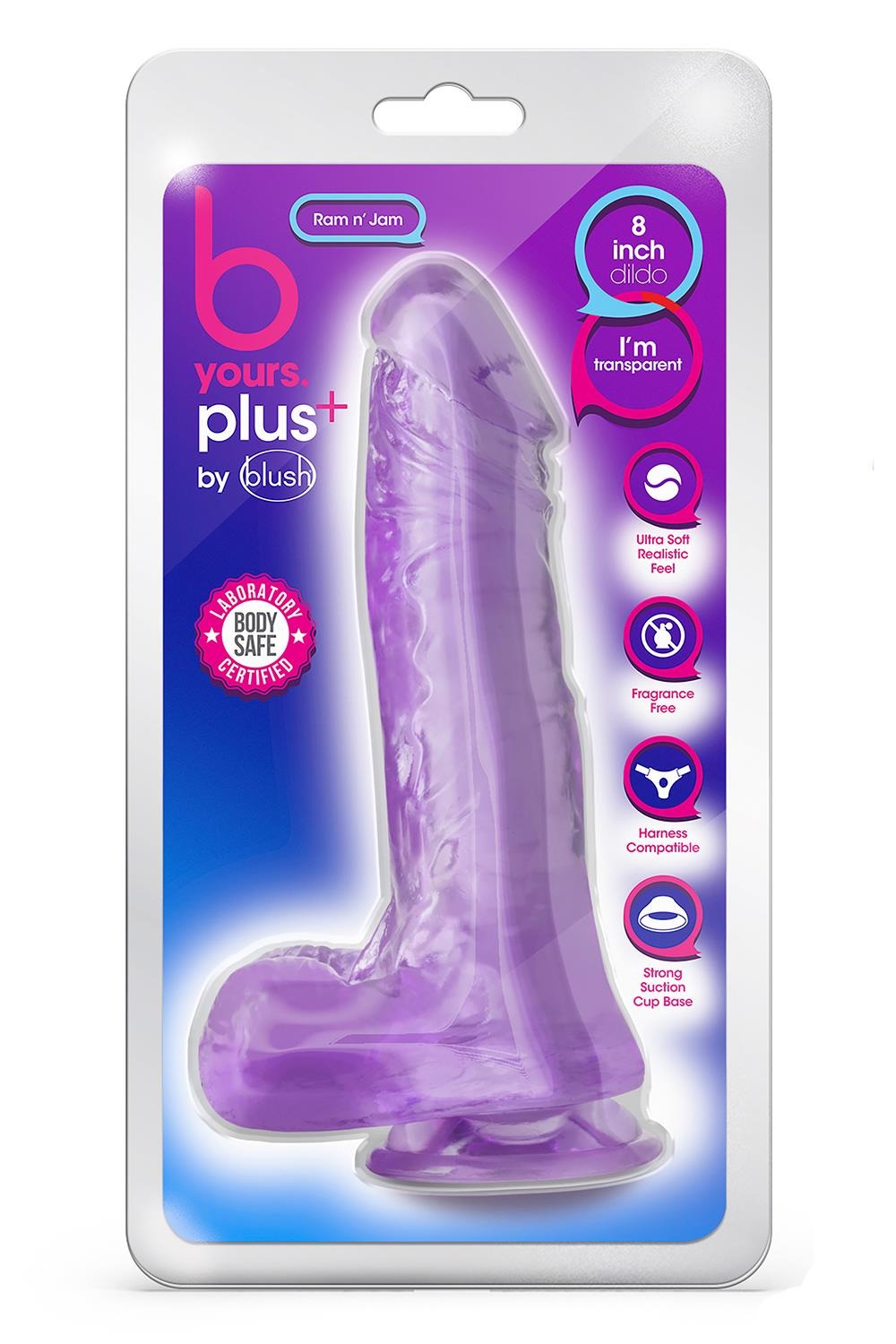 Фаллоимитатор реалистичный с яичками Blush B yours Plus Ram 'n' Jam на присоске, фиолетовый
