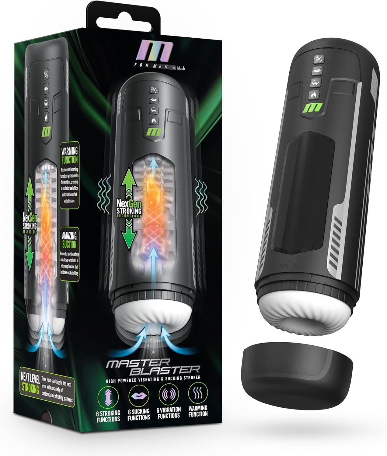 Мастурбатор з вібрацією, функцією посмоктування Blush Master Blaster та підігрівом, у чорній колбі