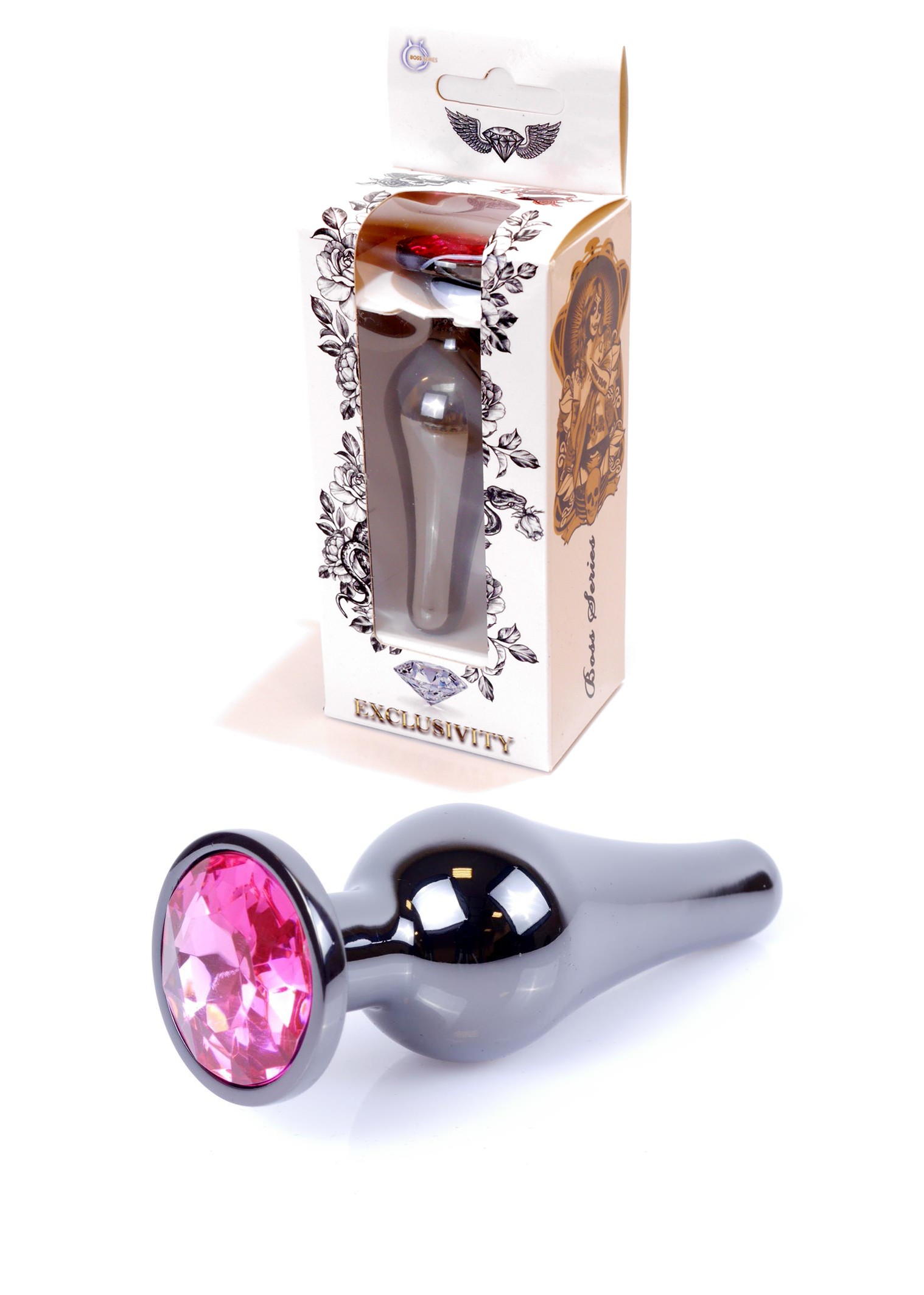 Анальная пробка из нержавеющей стали с камнем Plug-Jewellery Dark Silver BUTT PLUG- Pink