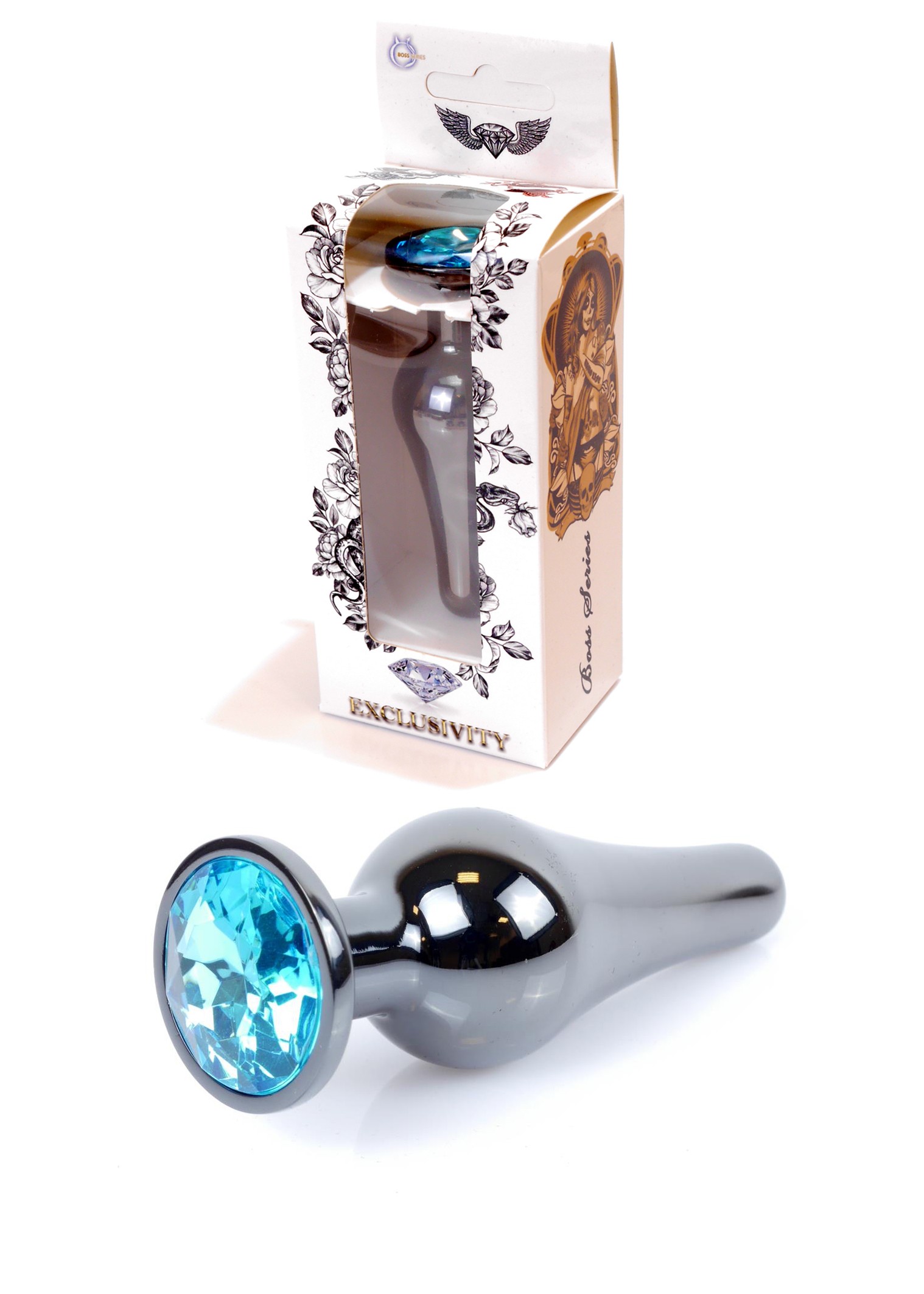 Анальная пробка из нержавеющей стали с камнем Plug-Jewellery Dark Silver BUTT PLUG- Light Blue