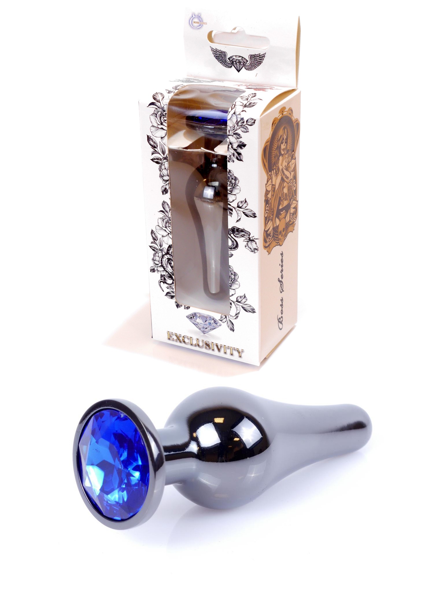 Анальная пробка из полированного алюминия с камнем Plug-Jewellery Dark Silver BUTT PLUG- Dark Blue