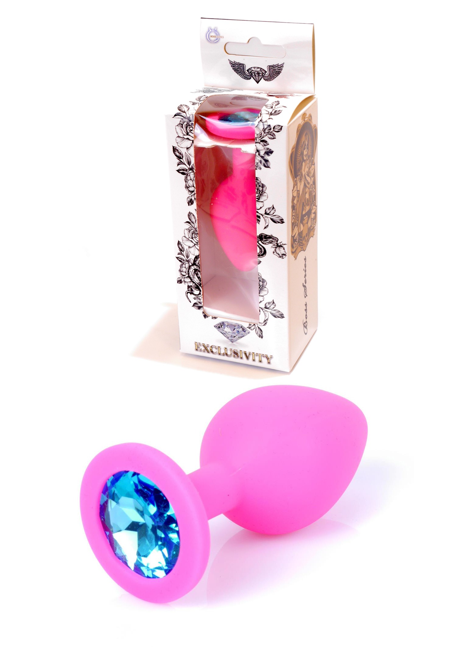 Анальная пробка с голубым кристаллом Plug-Jewellery Pink Silicon PLUG Medium- Light Blue Diamond