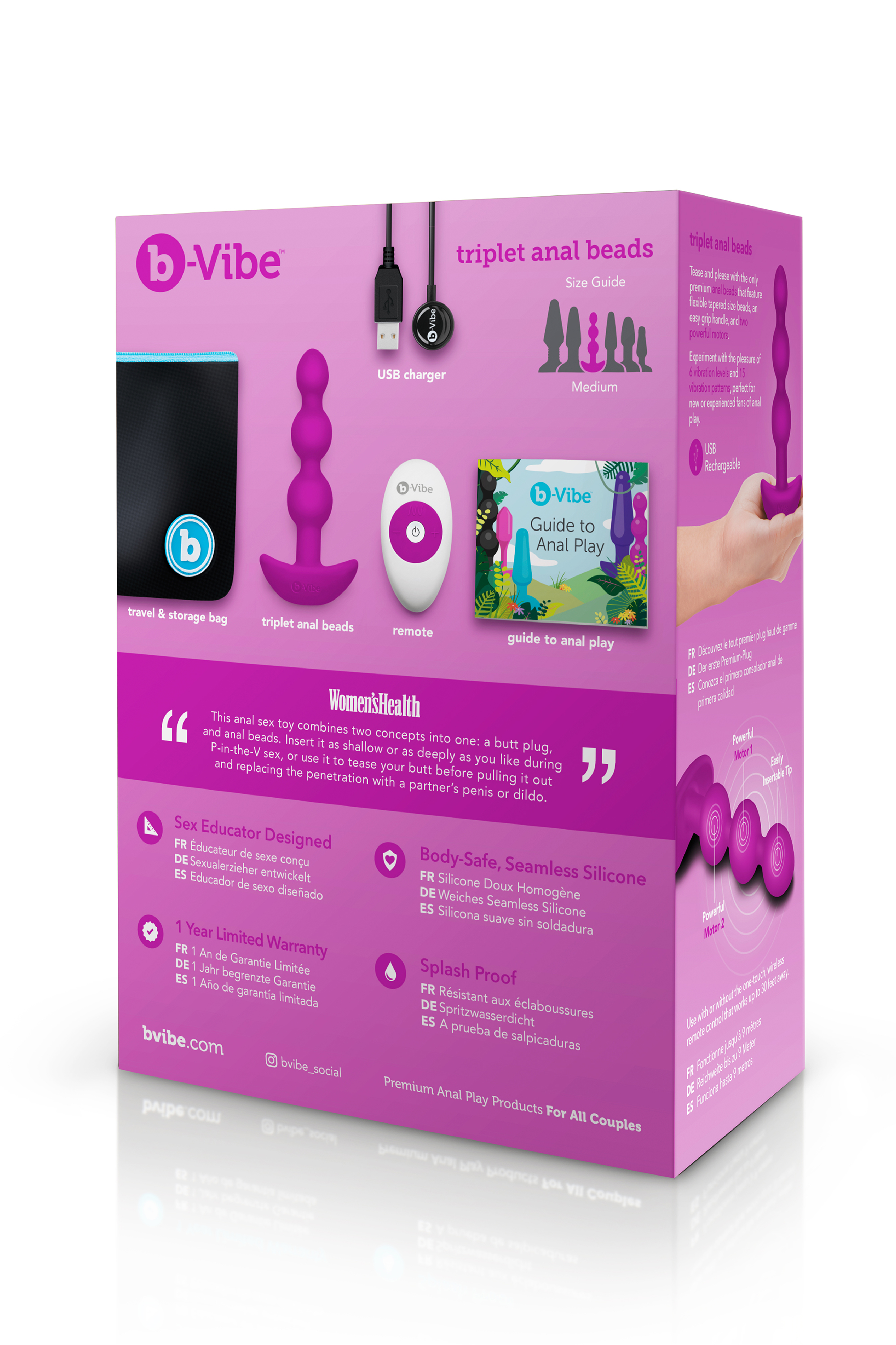 Анальні кульки з пультом, 2 мотори B-Vibe TRIPLET ANAL BEADS, фуксія
