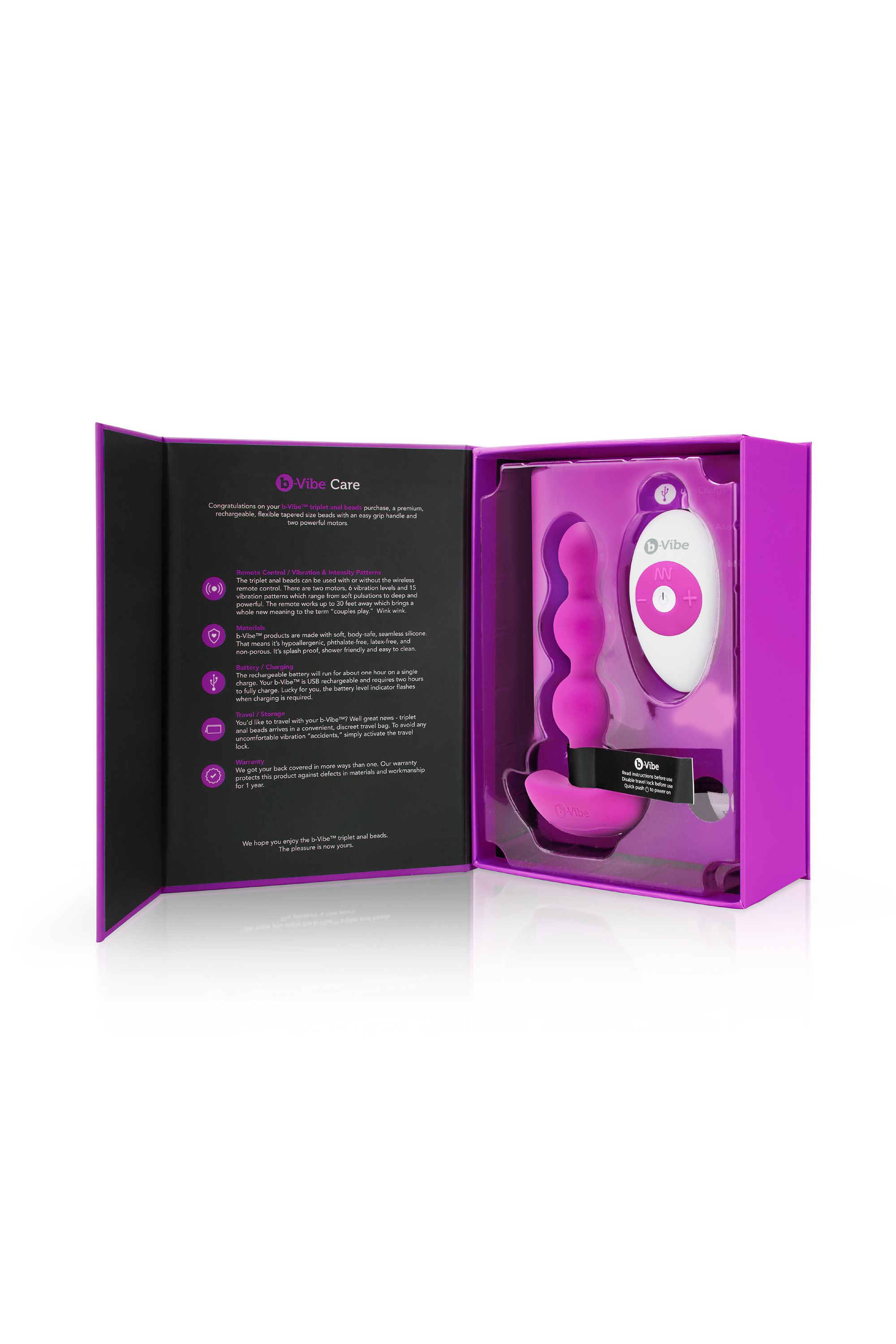 Анальні кульки з пультом, 2 мотори B-Vibe TRIPLET ANAL BEADS, фуксія
