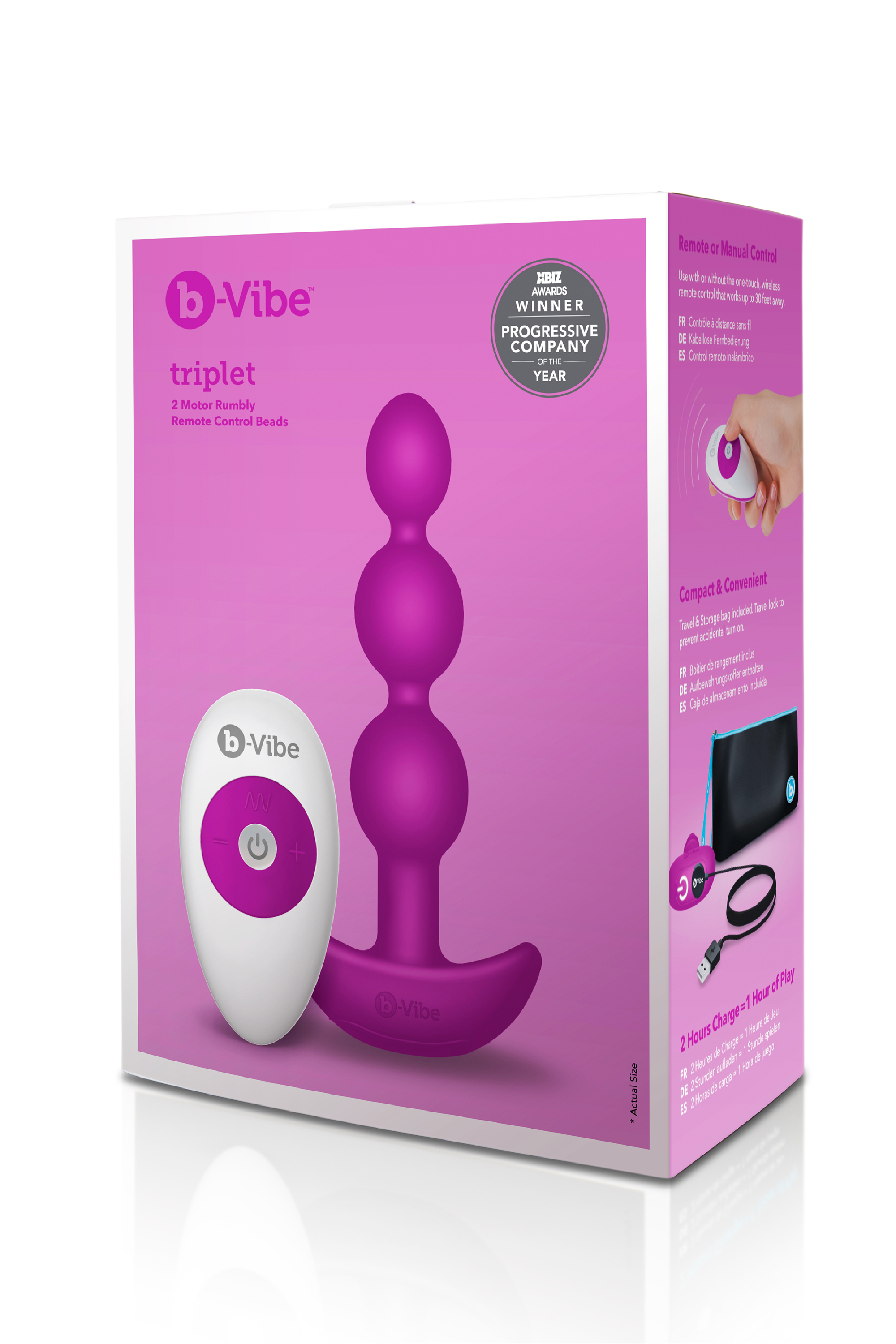 Анальні кульки з пультом, 2 мотори B-Vibe TRIPLET ANAL BEADS, фуксія