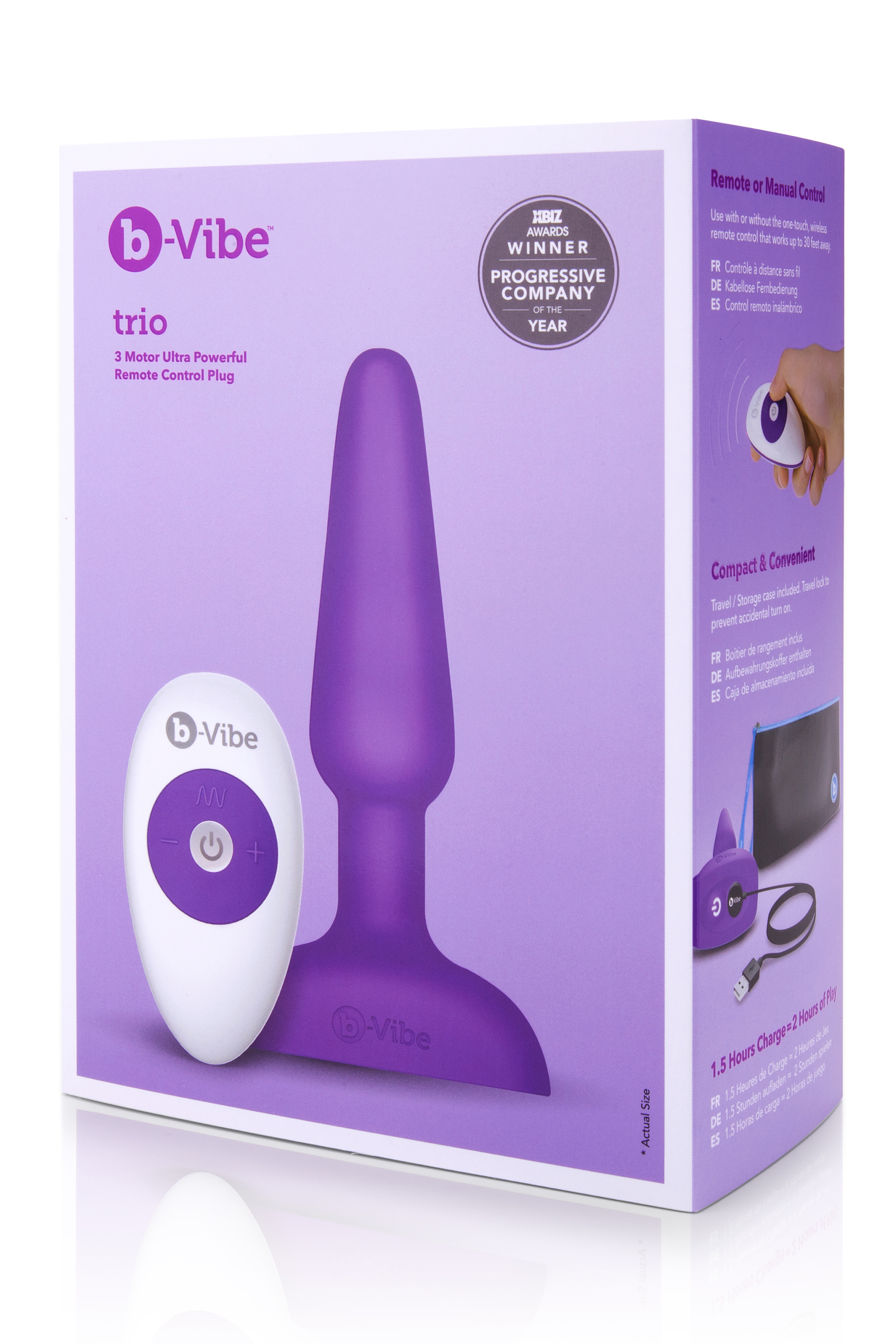 Анальная пробка с вибрацией и пультом, три мотора B-Vibe - Trio, фиолетовая