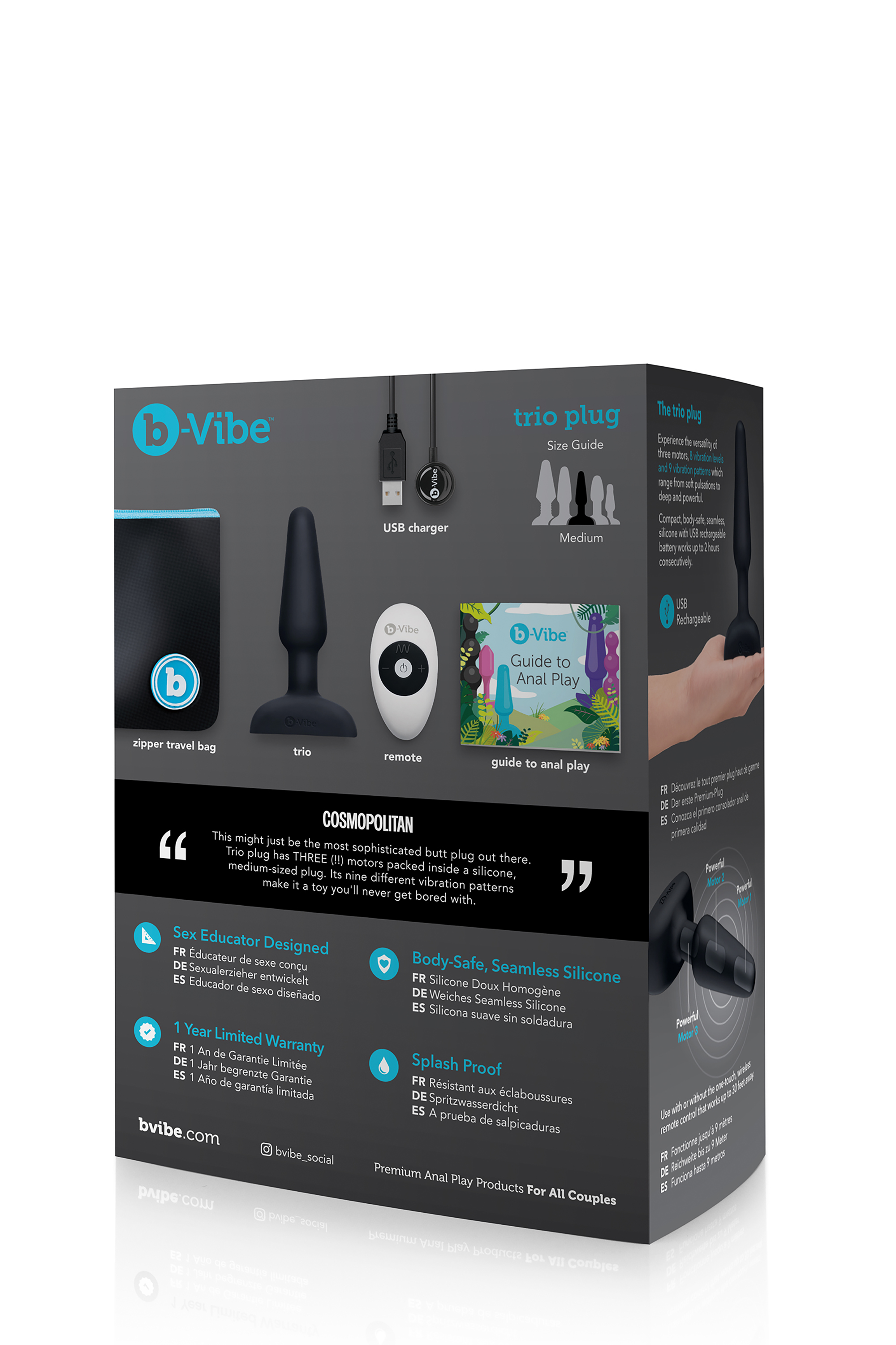 Анальна пробка із 3 моторами B-Vibe - Trio Remote Control Butt, чорна