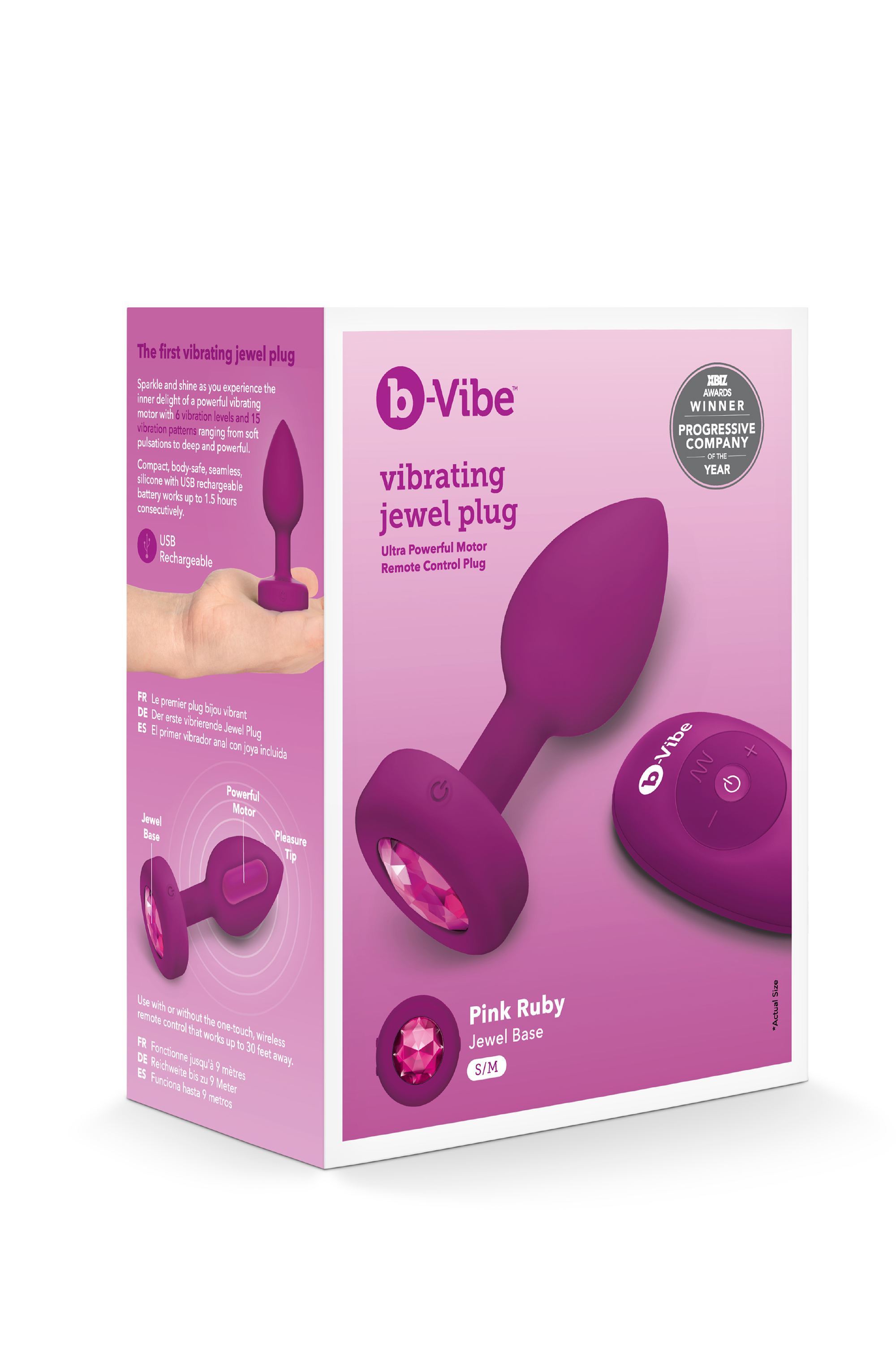 Анальная пробка с вибрацией B-Vibe Vibrating Jewel Plug S/M Pink Ruby, силиконовая, розовая