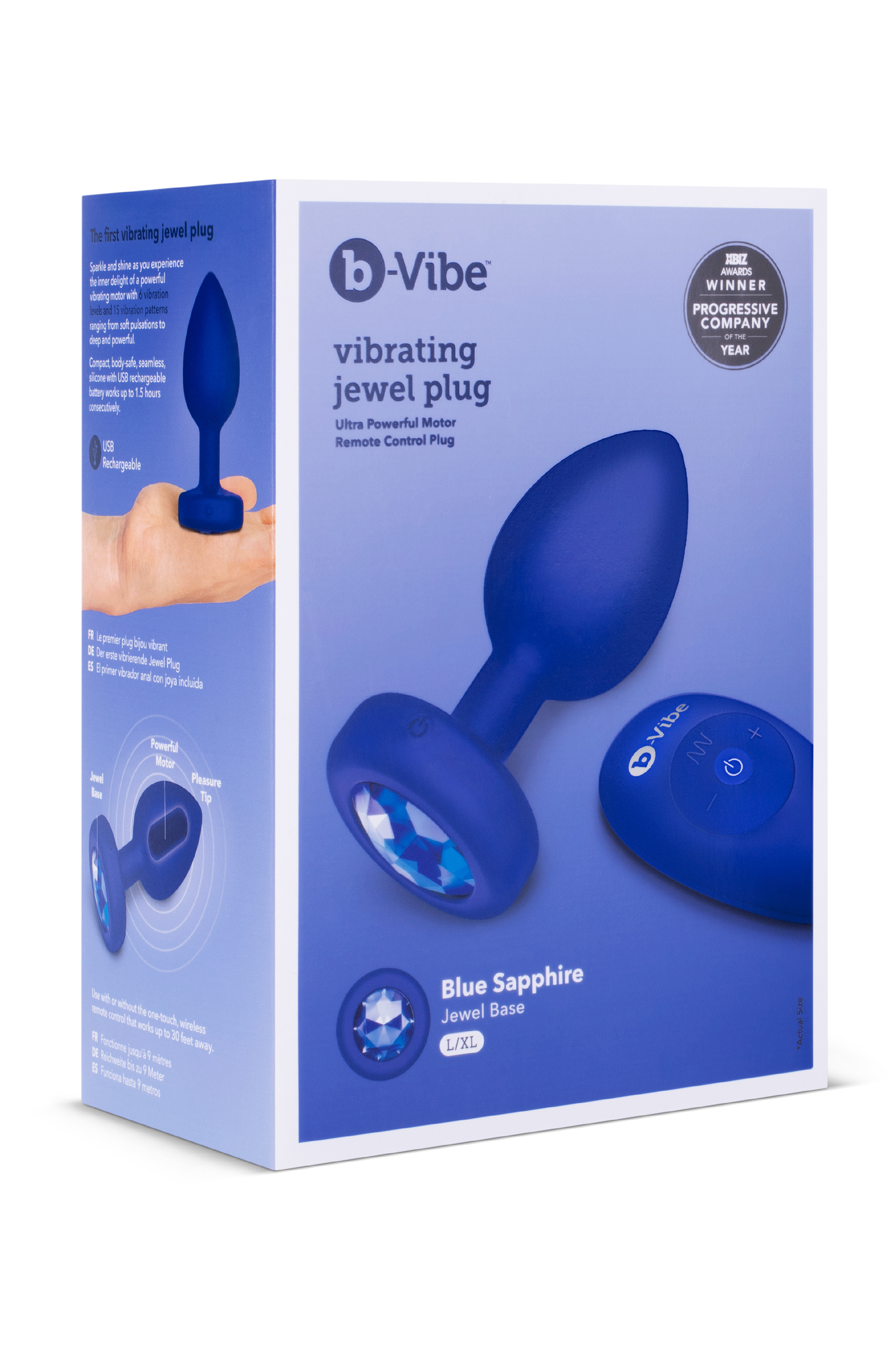 Анальная пробка с камнем и с вибрацией L/XL B-Vibe с дистанционным пультом управления, синяя