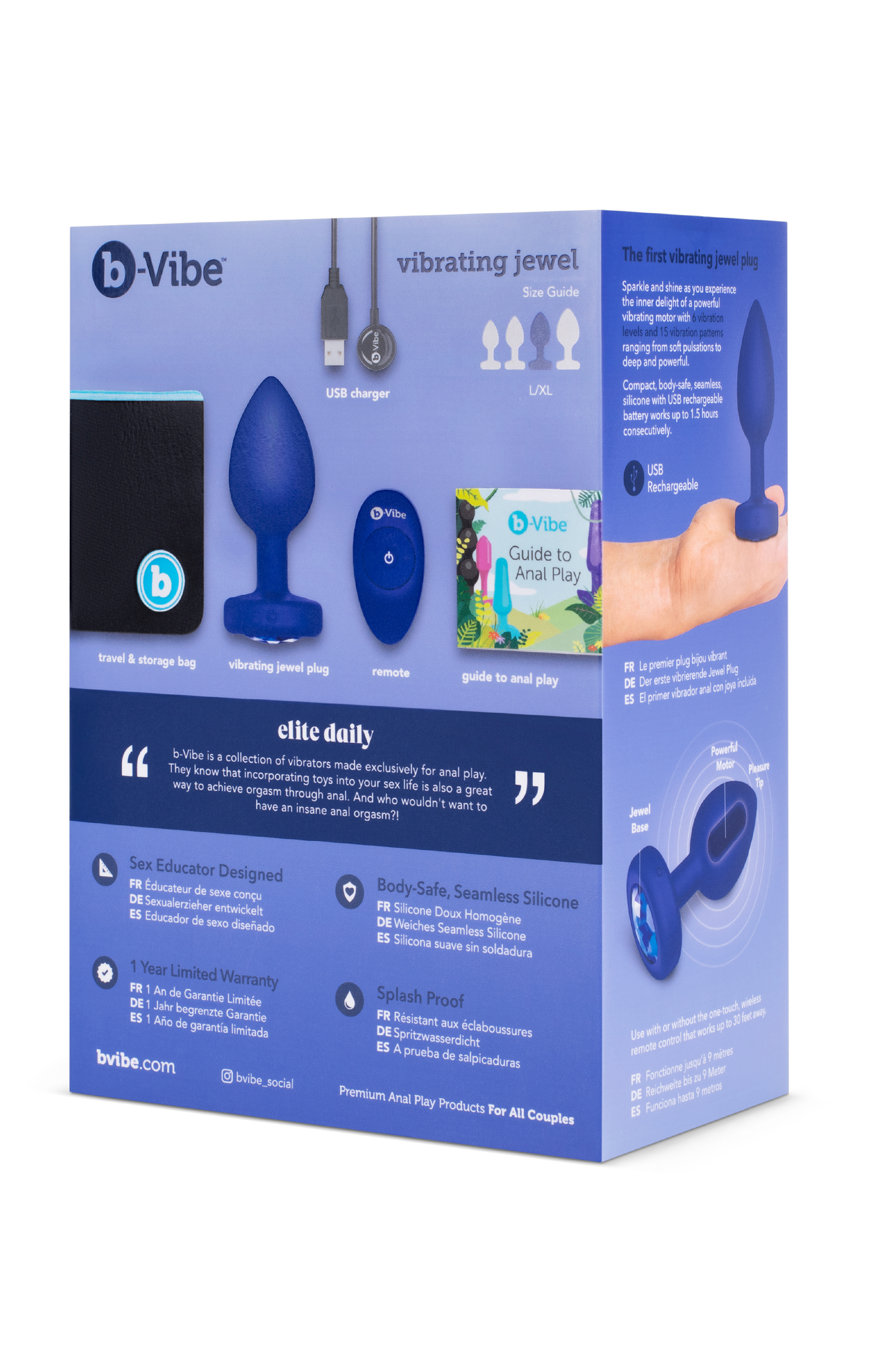 Анальная пробка с камнем и с вибрацией L/XL B-Vibe с дистанционным пультом управления, синяя