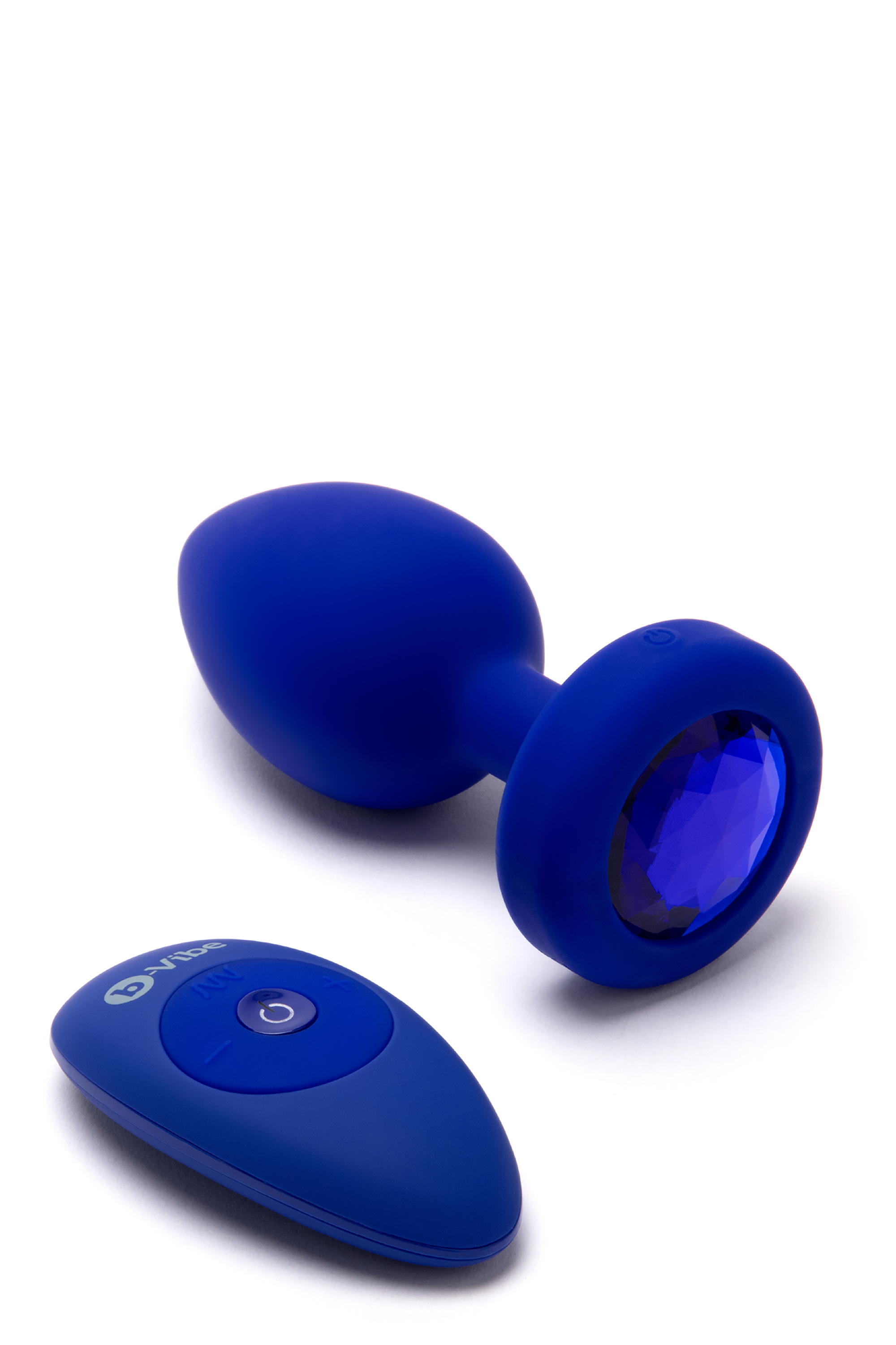Анальная пробка с камнем и с вибрацией L/XL B-Vibe с дистанционным пультом управления, синяя