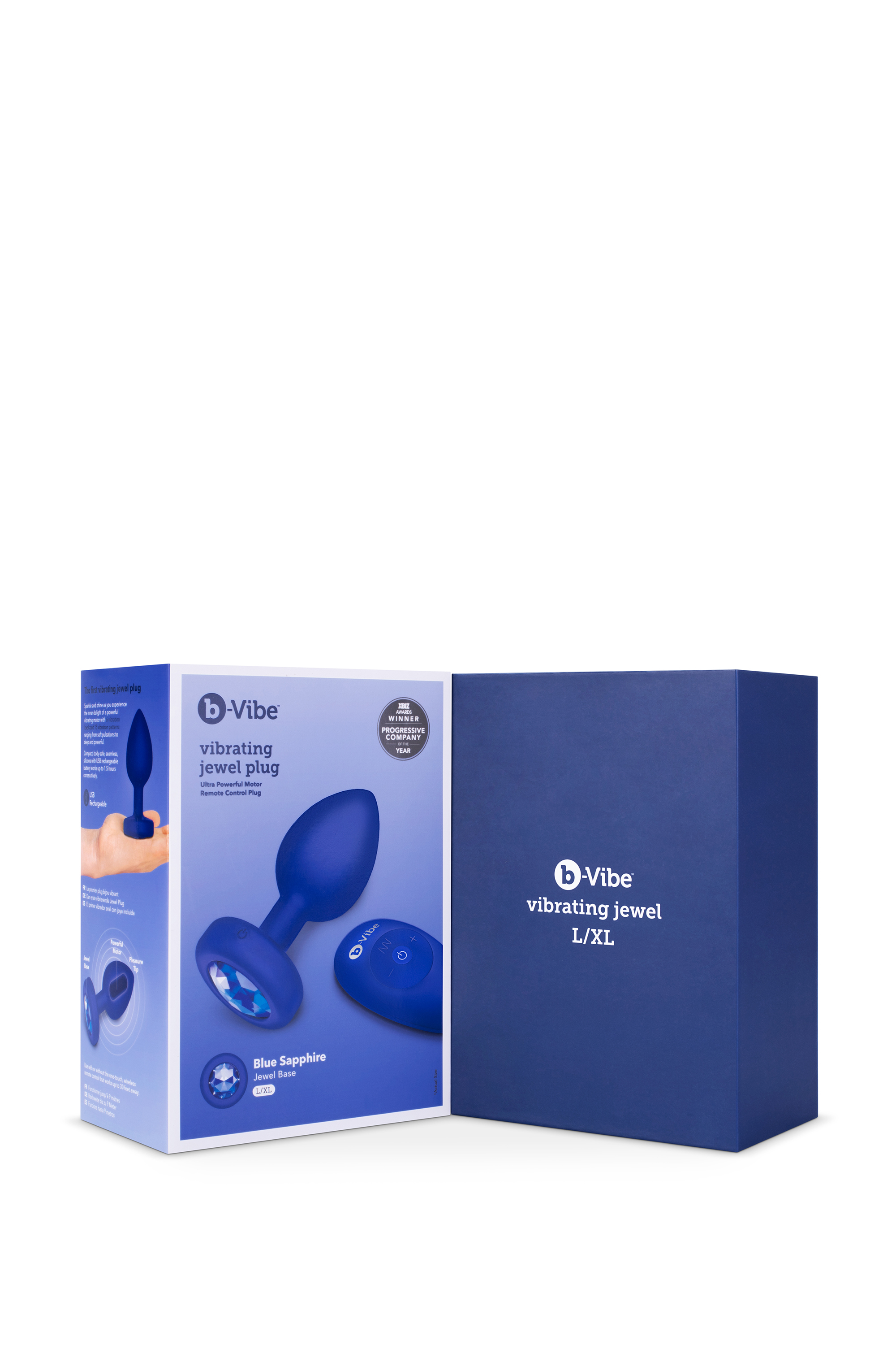 Анальная пробка с камнем и с вибрацией L/XL B-Vibe с дистанционным пультом управления, синяя
