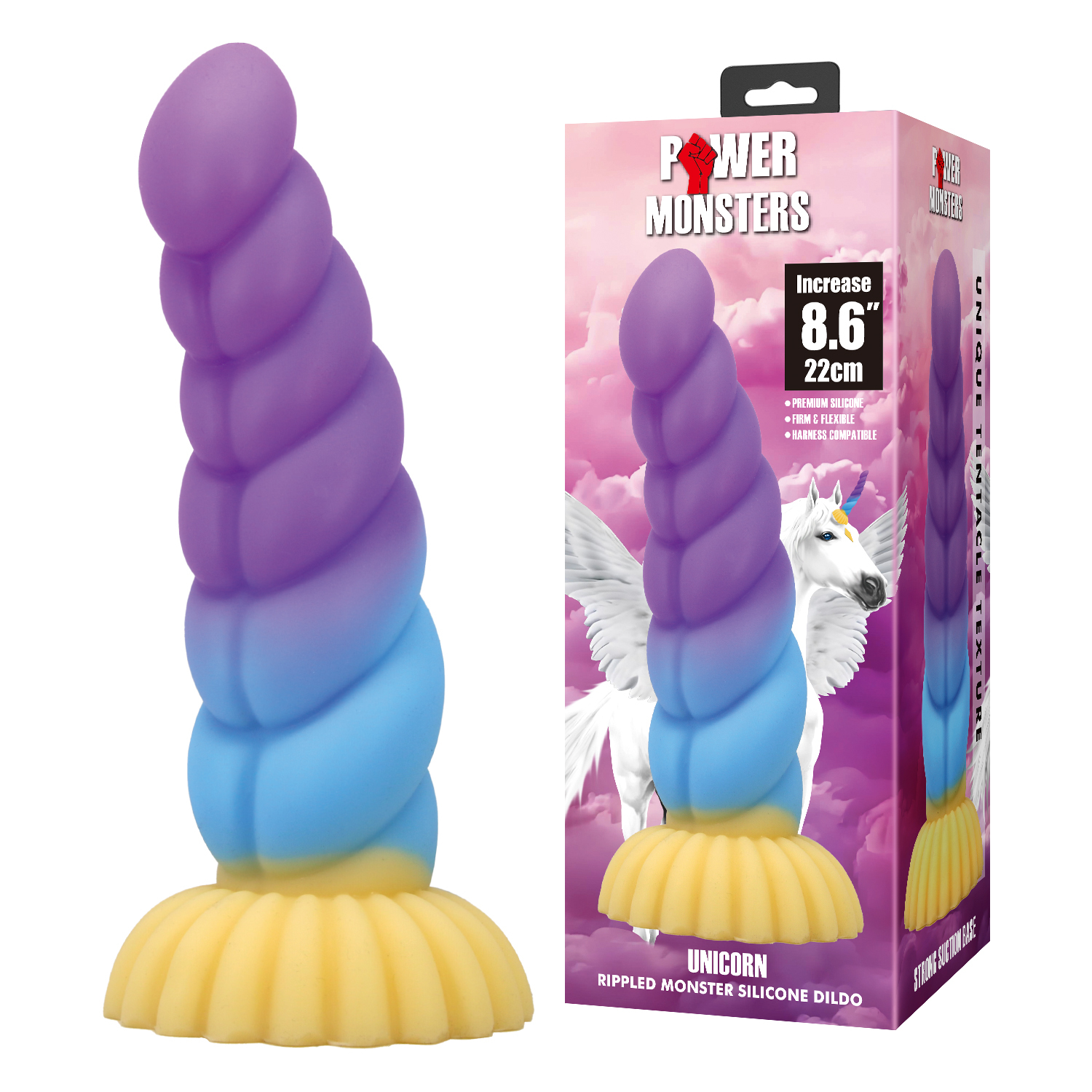 Фалоімітатор силіконовий Power Monsters Unicorn на присоску, різнокольоровий, 22 см