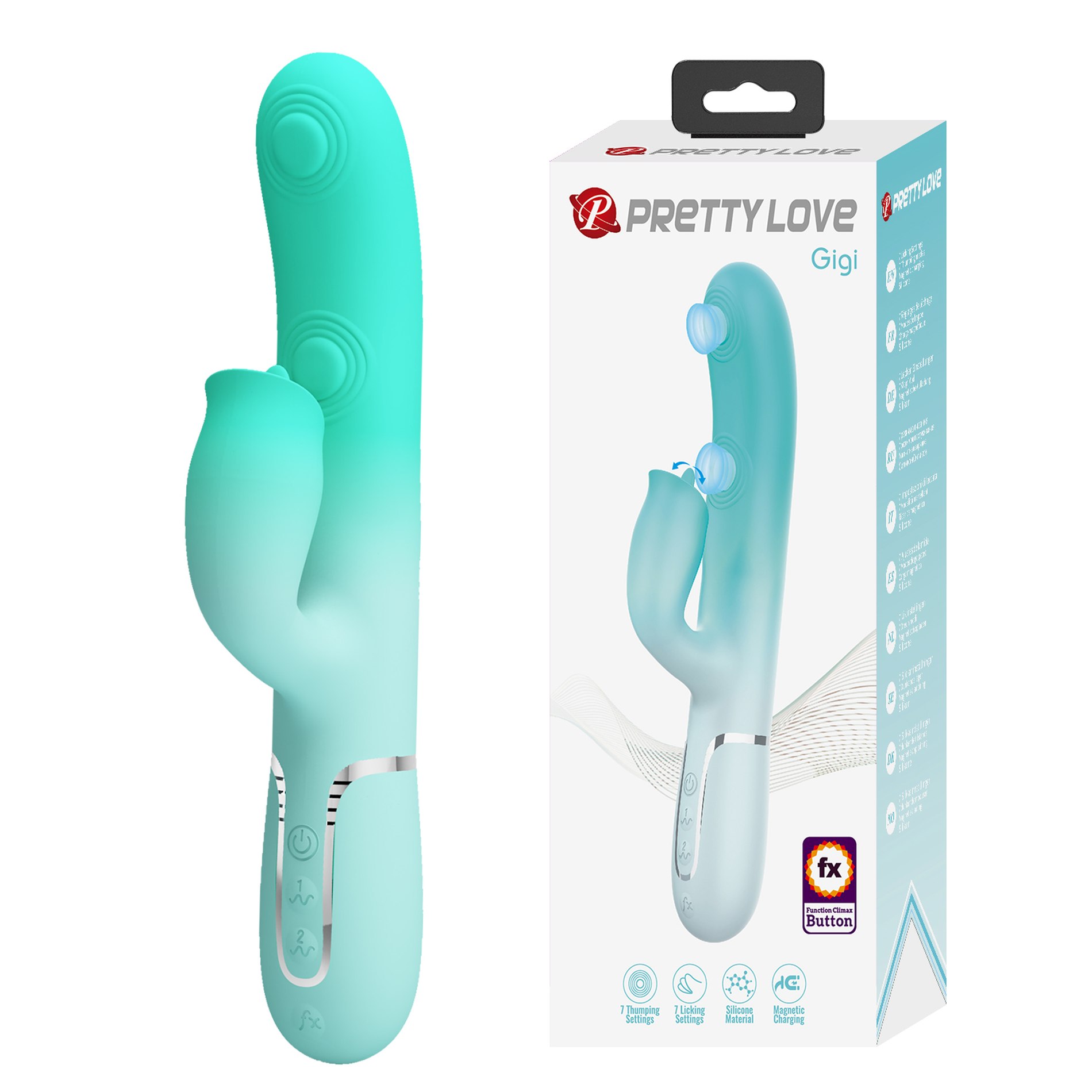 Вибратор-кролик PRETTY LOVE Gigi со стимулятором язычком, голубой, 22.8 х 3.4 см