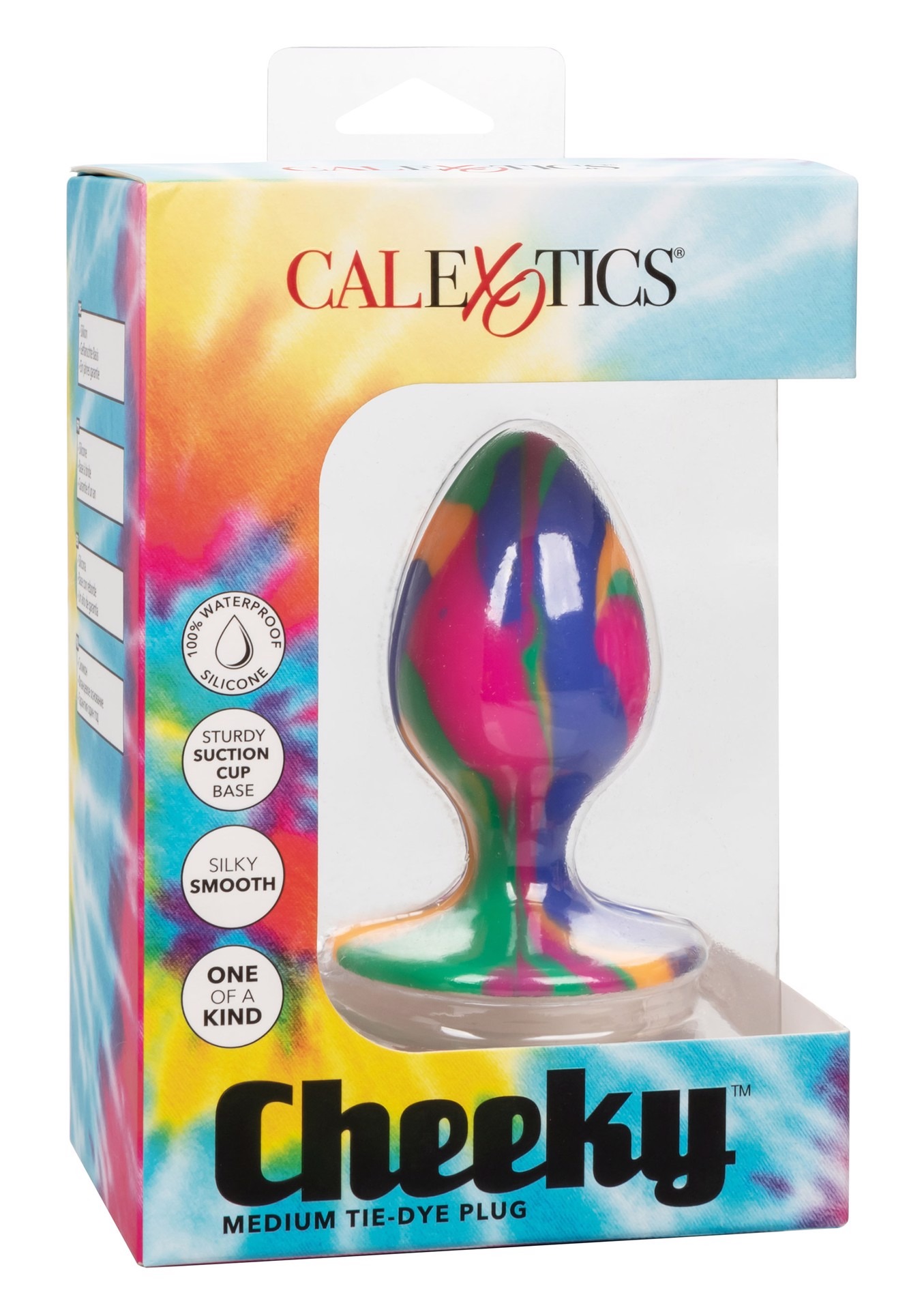 Анальная пробка силиконовая CalExotics Cheeky Tie-Dye Plug, разноцветная, Medium