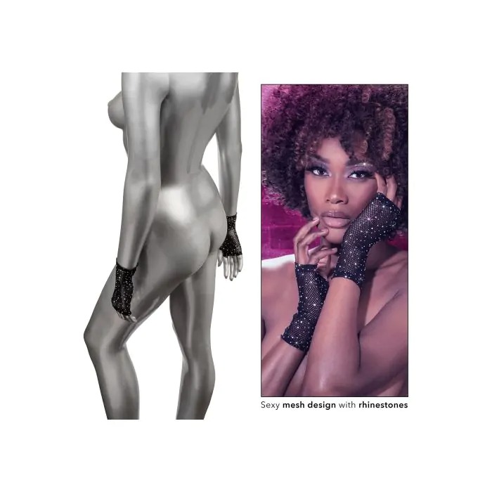 Рукавички короткі у дрібну сітку зі стразами CalExotics Fingerless Gloves, чорні