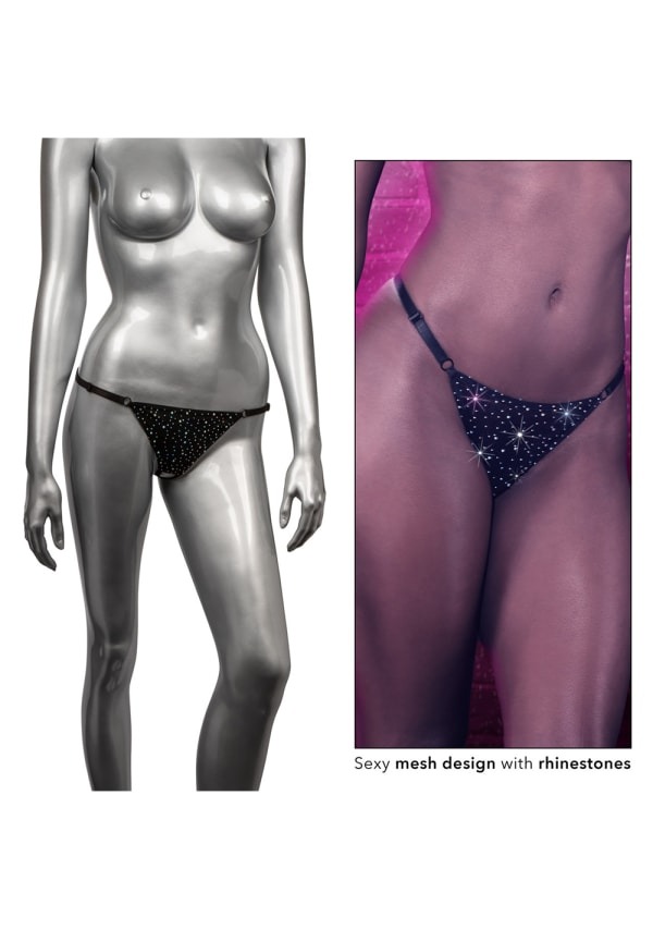 Трусики стрінги зі стразами та відкритим доступом CalExotics Crotchless Thong, чорний