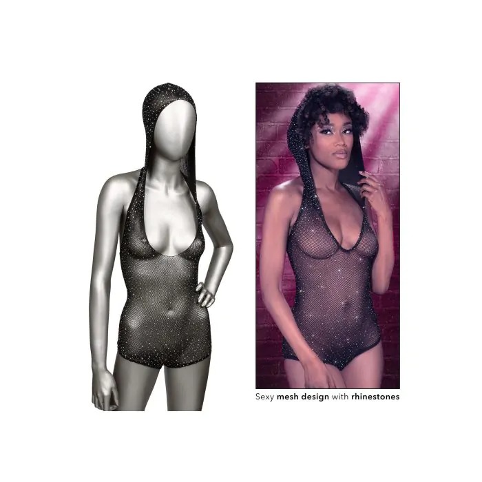 Боді-сітка в стразах із капюшоном CalExotic Hooded Deep V Bodysuit, чорний