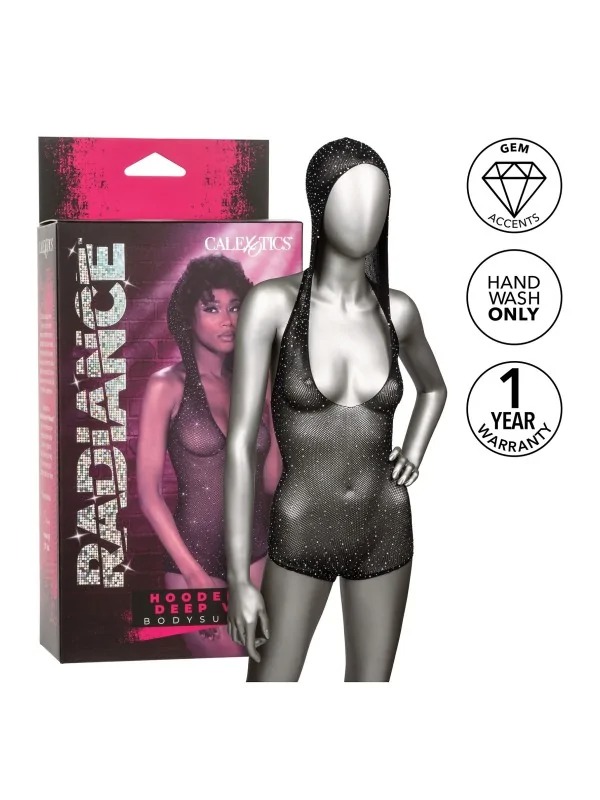 Боді-сітка в стразах із капюшоном CalExotic Hooded Deep V Bodysuit, чорний