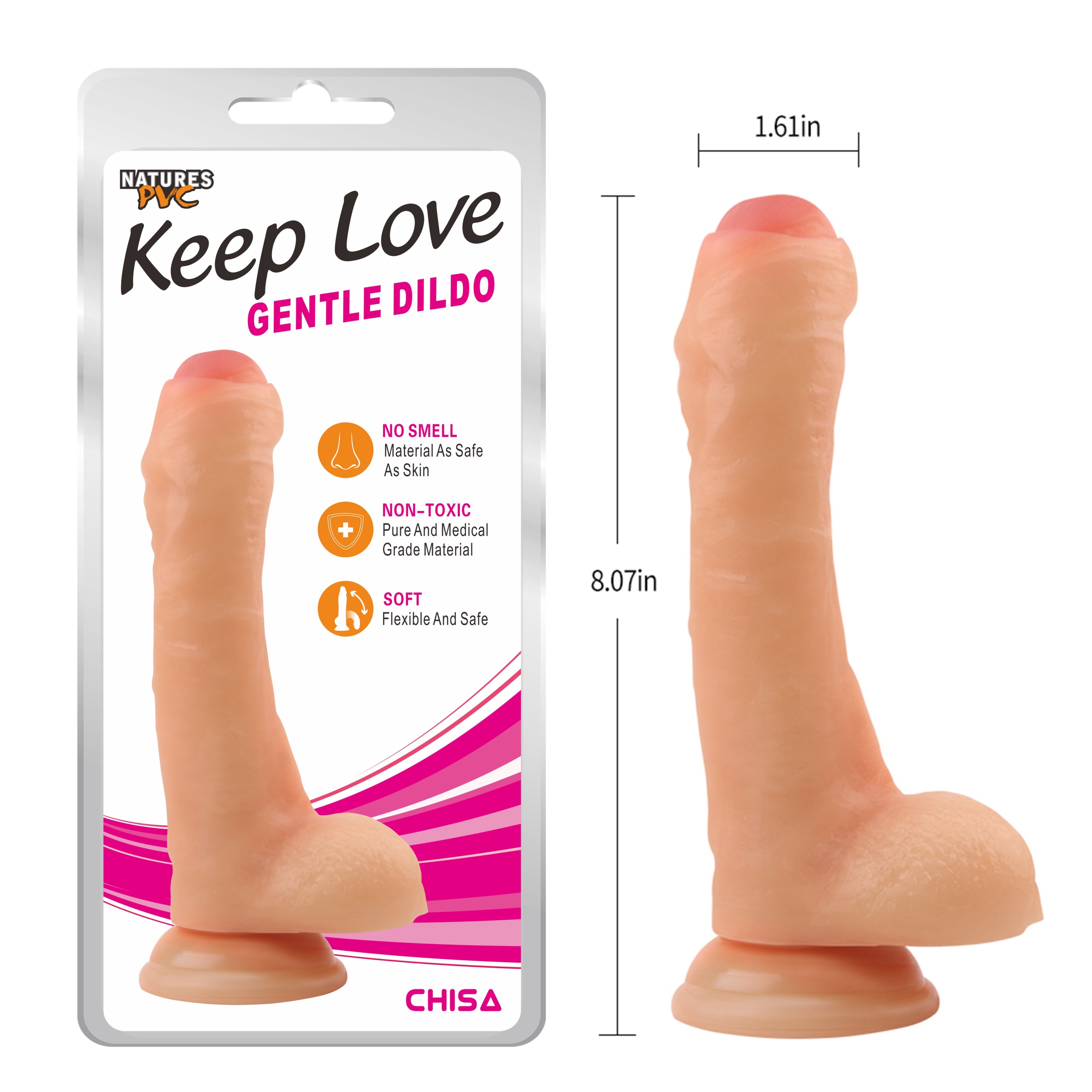 Фалоімітатор із закритою головкою Chisa Keep Love на присосці, тілесний