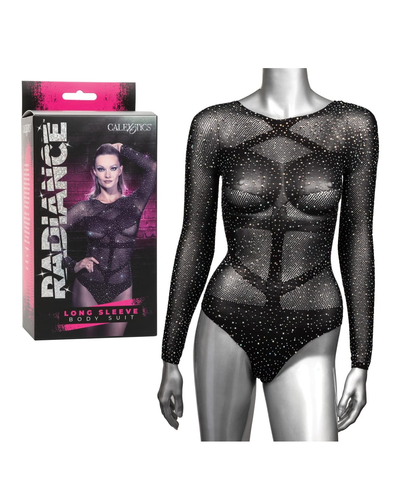Боді в дрібну сітку зі стразами California Exotic Long Sleeve Bodysuit чорний, One Size