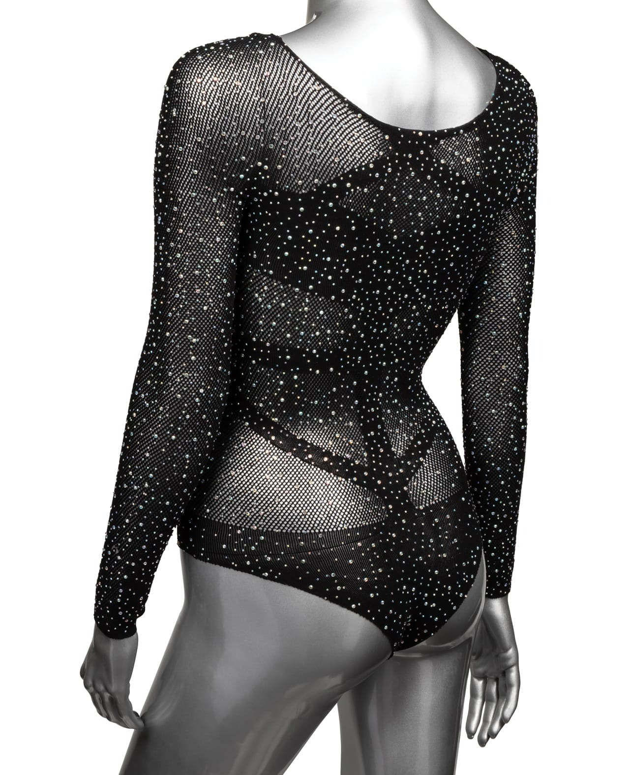 Боді в дрібну сітку зі стразами California Exotic Long Sleeve Bodysuit чорний, One Size
