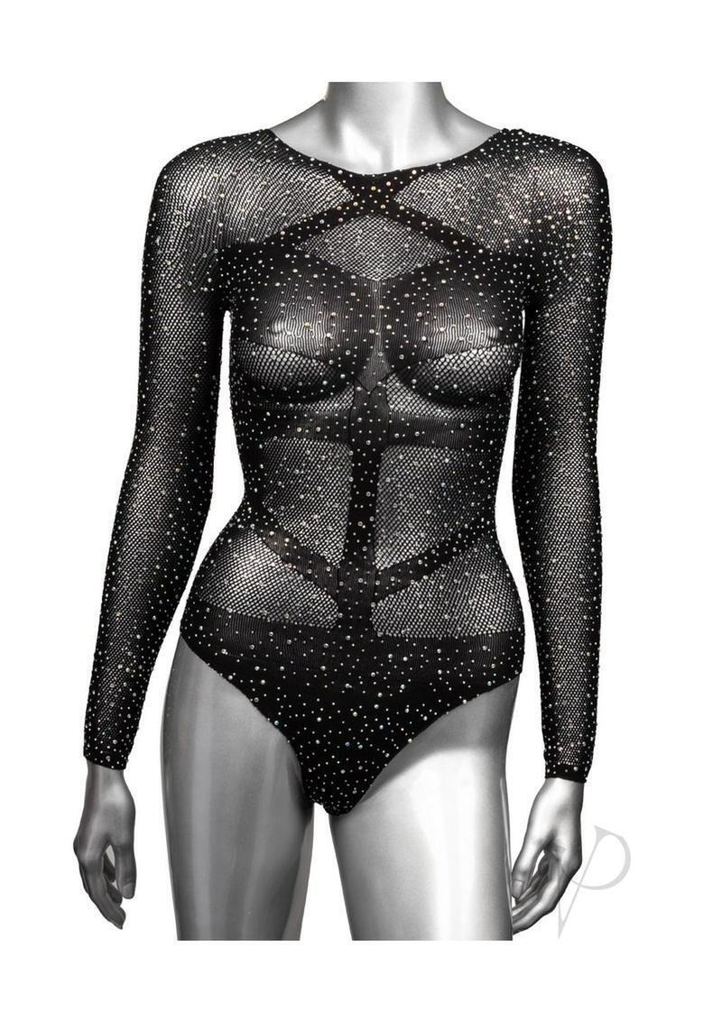 Боді в дрібну сітку зі стразами California Exotic Long Sleeve Bodysuit чорний, One Size