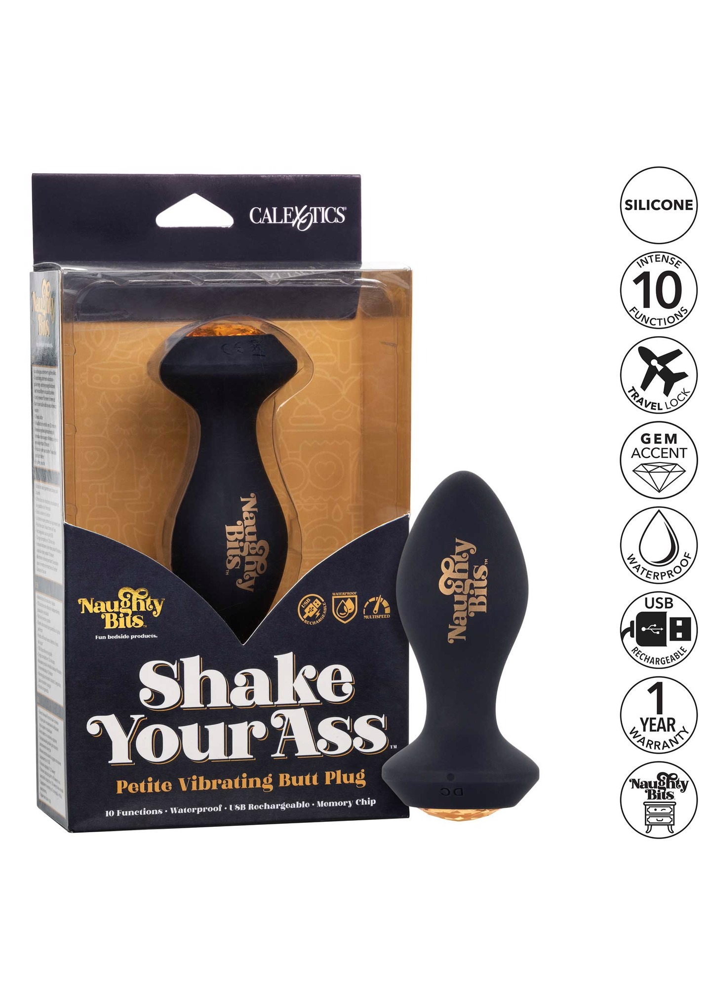 Анальная пробка с вибрацией Naughty Bits CalExotics, с кристаллом, силиконовая, черная, 10.7 х 3.2