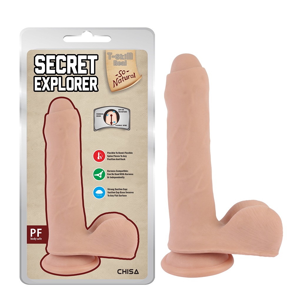 Фаломітатор із закритою головкою та мошонкою Chisa T-skin ReaL Secret Explorer на присосці, бежевий