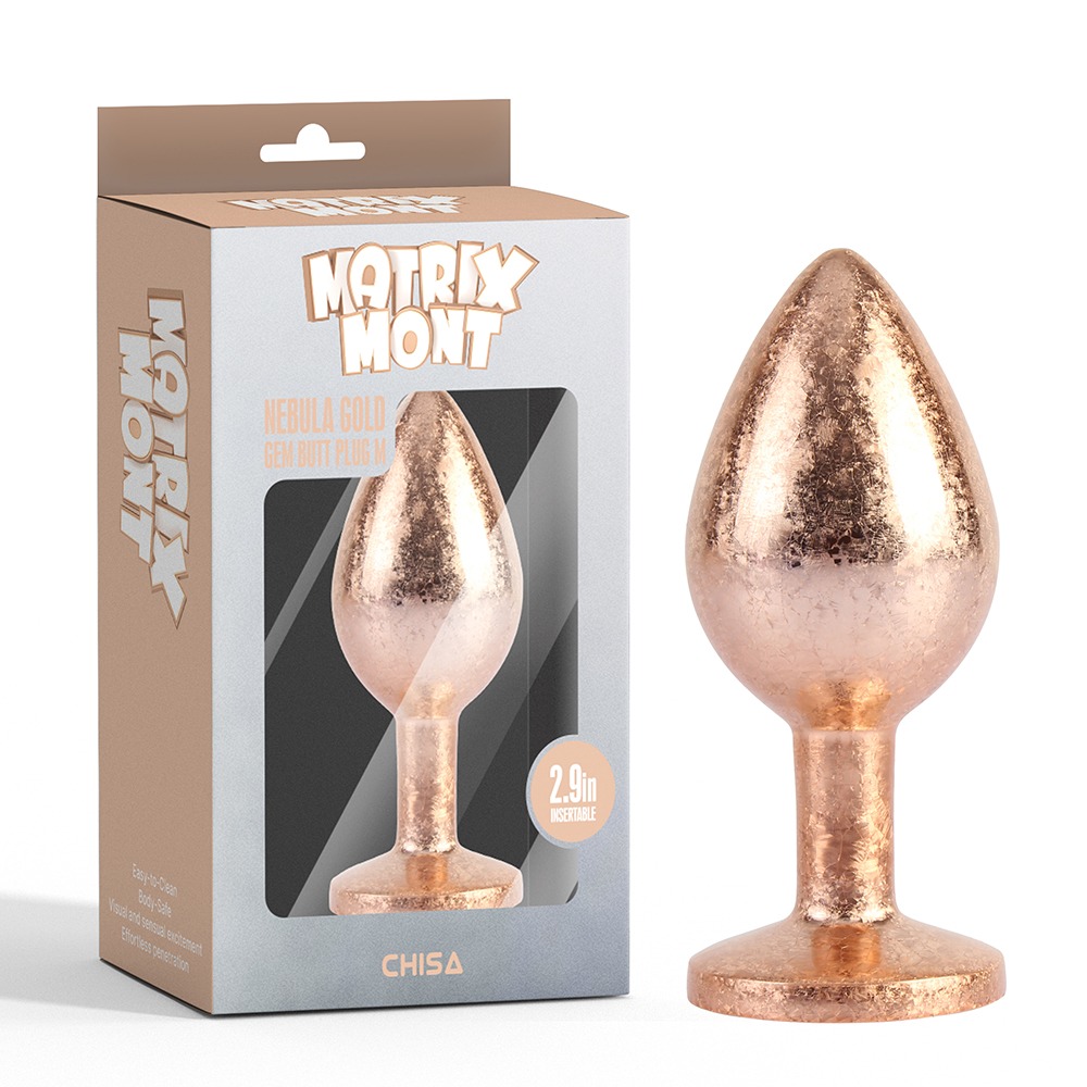 Анальная пробка золотая поталь CHISA MATRIX MONT с белым камнем, размер M