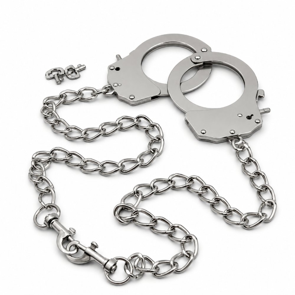 Наручники металеві DS Fetish з подовженим ланцюгом на карабінах, срібні