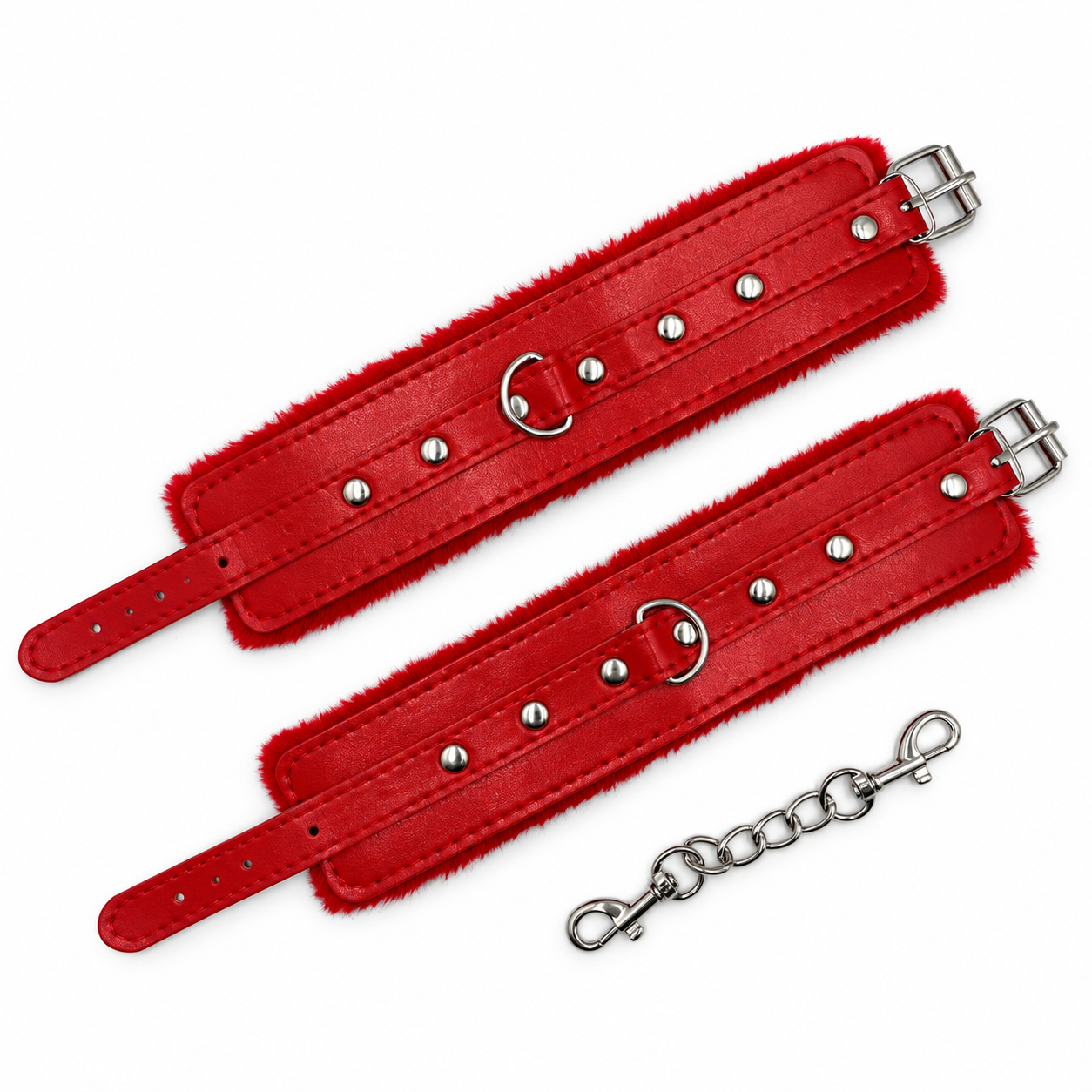 Наручники DS Fetish из экокожи с красным мехом и металлической цепочкой, красные