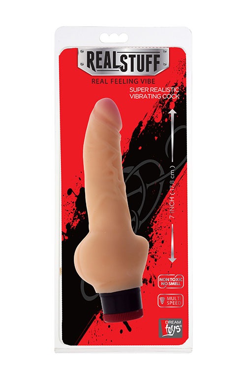 Вибромассажер реалистик Dream toys RealStuff с мошонкой 17,8 см, телесный