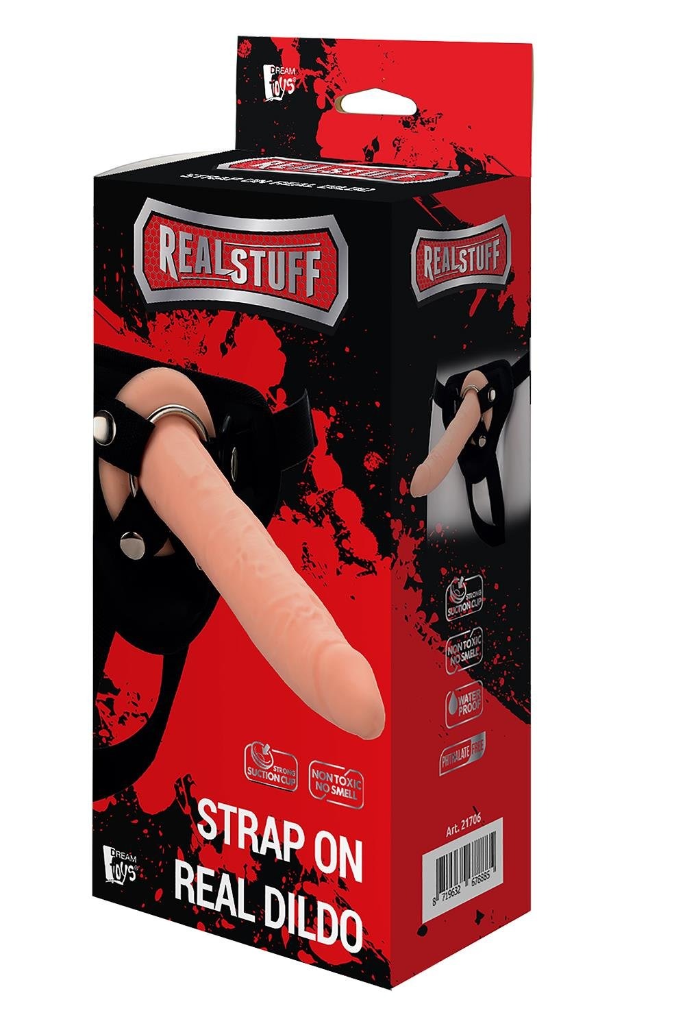 Реалістичний страпон Dream Toys Realstuff із двома кільцями в комплекті, чорний-тілесний