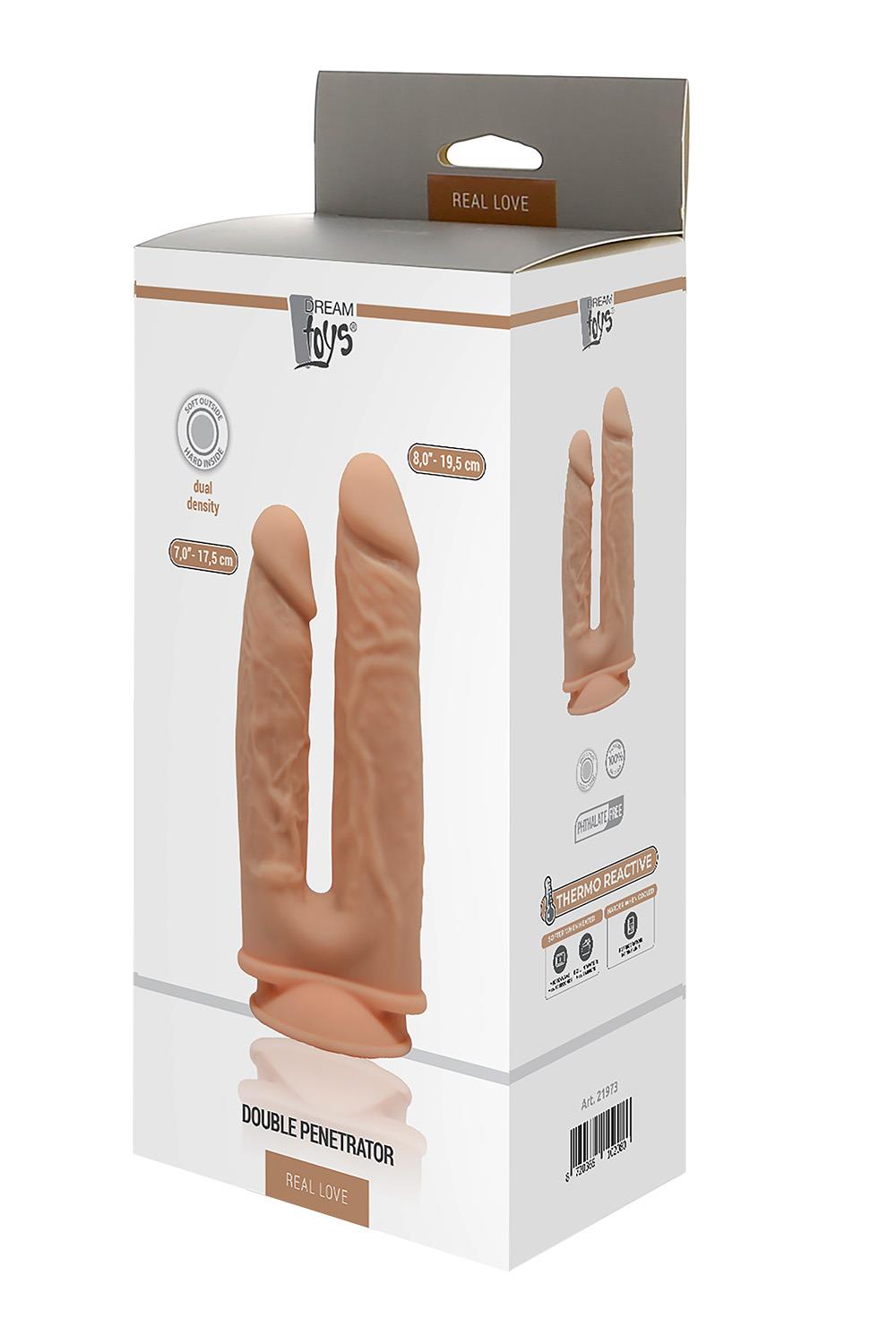Фалоімітатор подвійний на присосці Dream ToysReal Love, термоактивний, бежевий