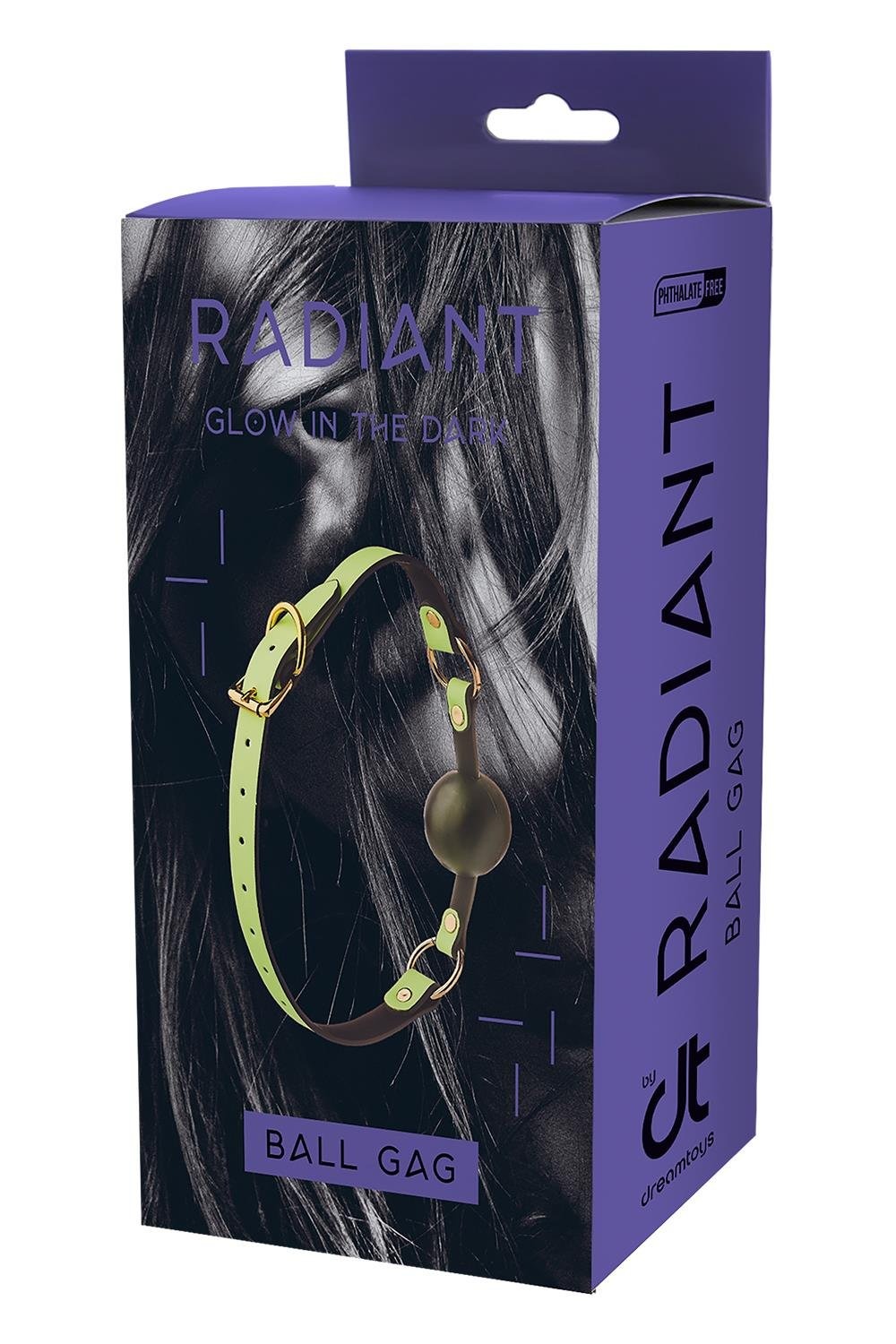 Кляп із кулькою люмінесцентний зелений Dreamtoys RADIANT Glow In The Dark Ball Gag із золотистою фурнітурою