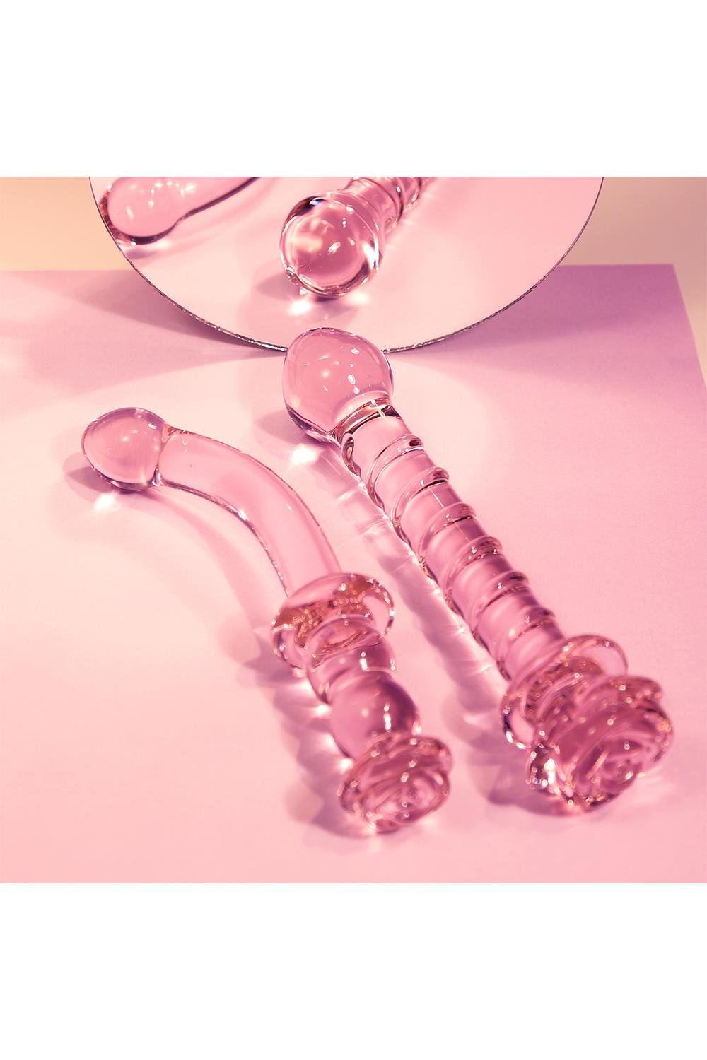 Вигнутий скляний рожевий фалоімітатор для точки G Dream Toys Glaze Glass з бутоном