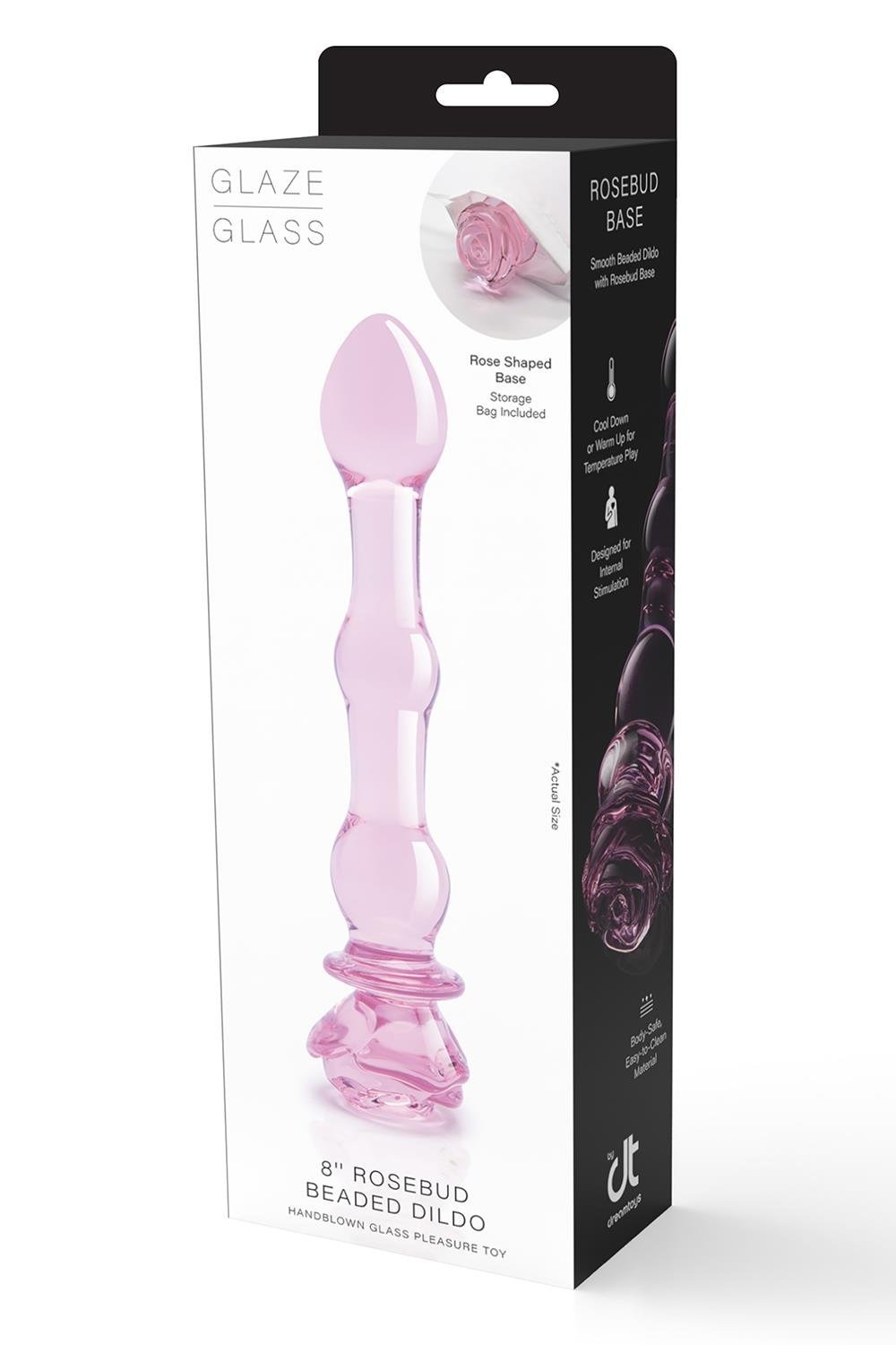 Стеклянный фаллоимитатор Dream Toys Glaze Glass в форме бутона розы с бусинами, розовый