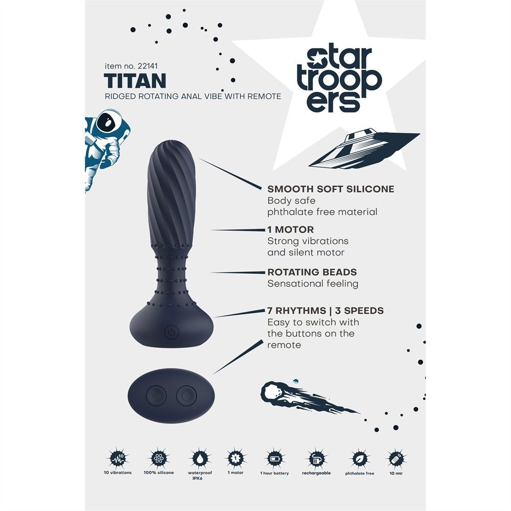Анальний вібратор з пультом Dream Toys Startroopers Titan з обертовими кульками, синій
