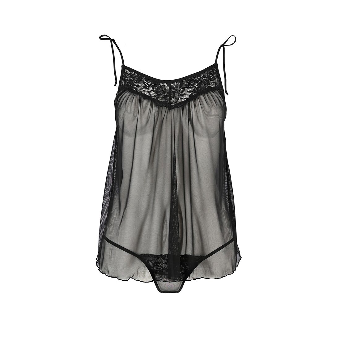 Сорочка прозора бебі-дол Passion MELANIA CHEMISE L/XL, black, трусики, на тонких бретелях
