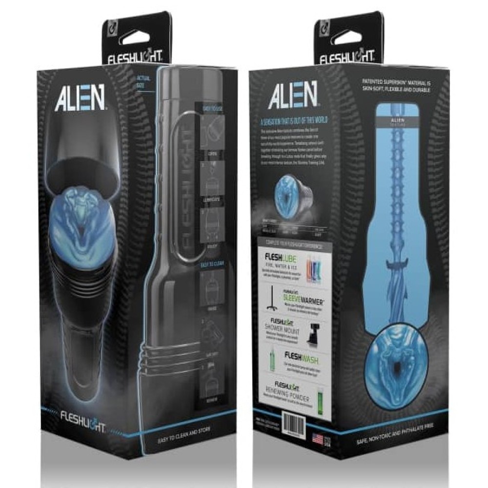 Мастурбатор вагіна з кібершкіри у колбі Fleshlight Freaks Alien Blue Metallic, синій