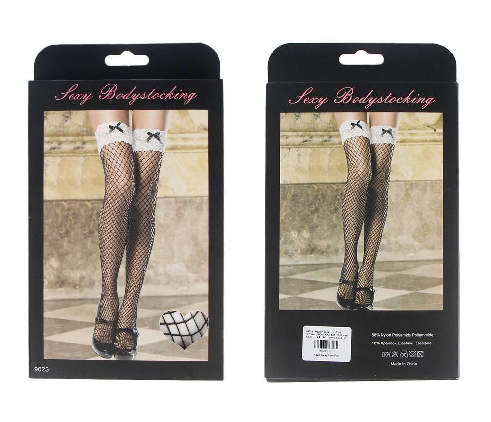 Панчохи чорні у сітку з білим ажурним верхом Star Night Sexy Stocking