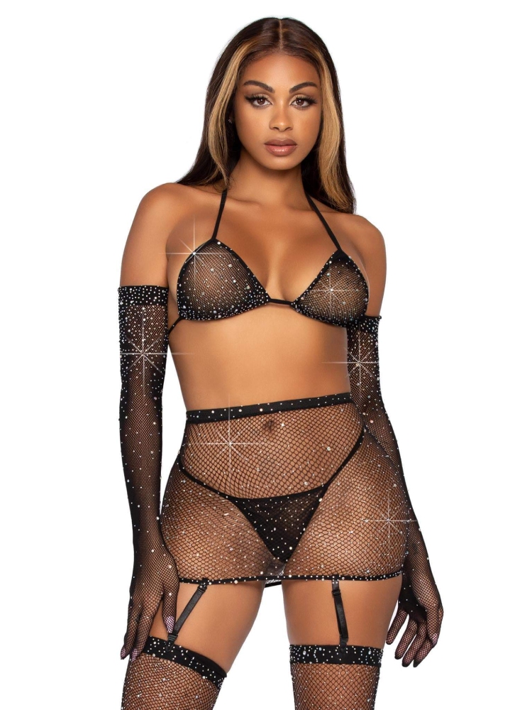 Комплект белья из сетки со стразами One Size Leg Avenue Rhinestone, черный