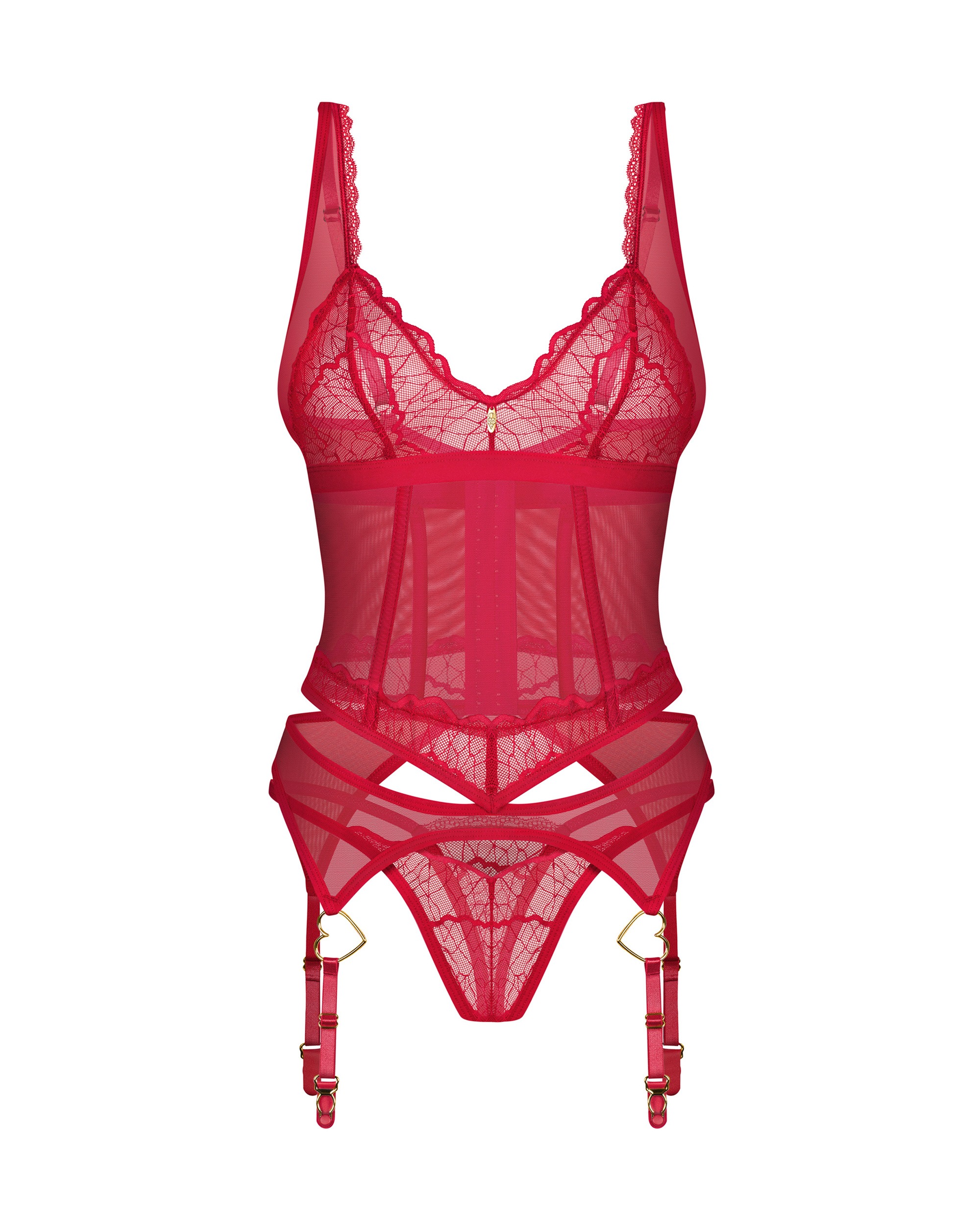Корсет с пажами для чулок и стринги Obsessive Cupide Desir красный, S/M