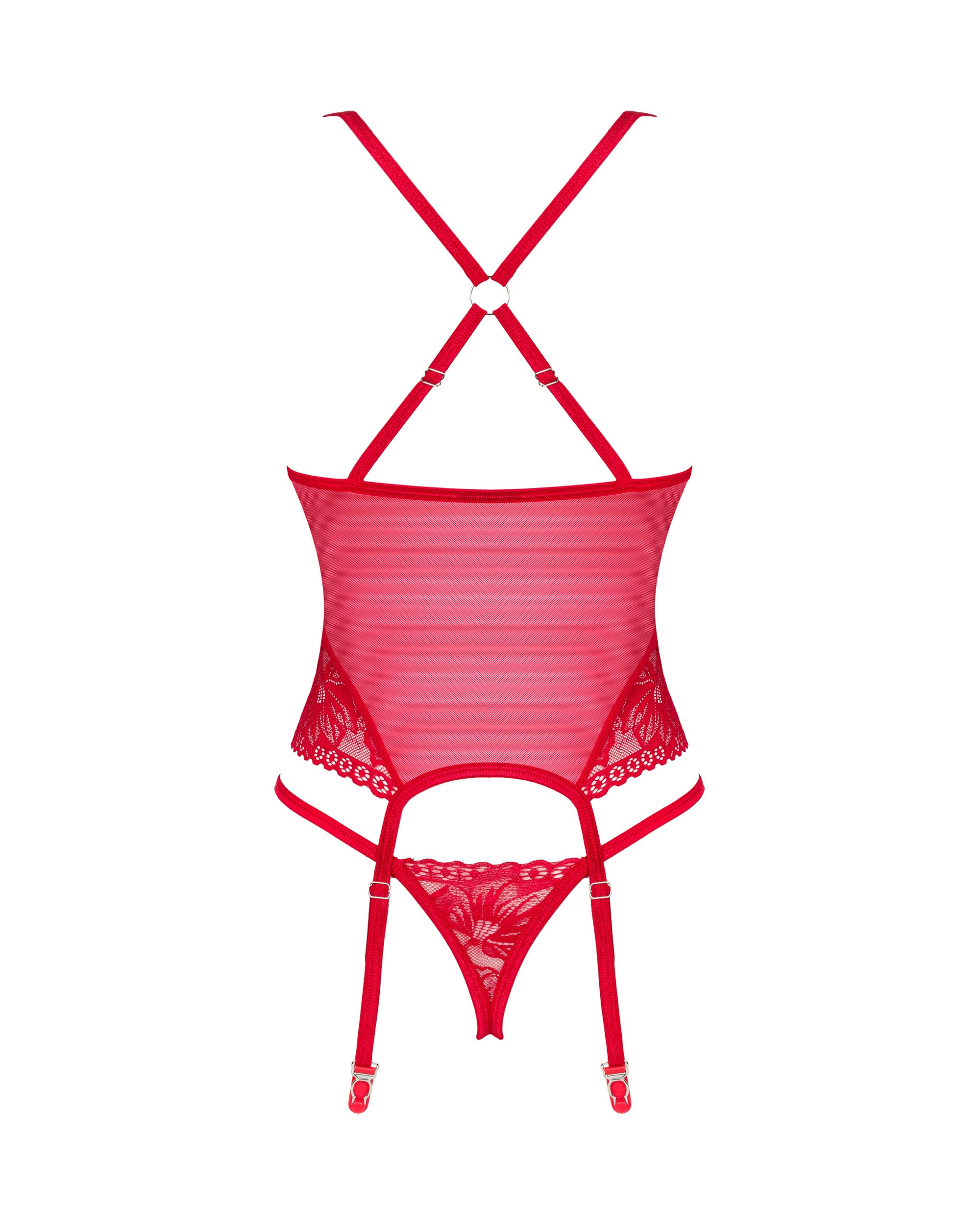 Прозрачный корсет с кружевными вставками и стринги Obsessive Lacelove красный, XS/S
