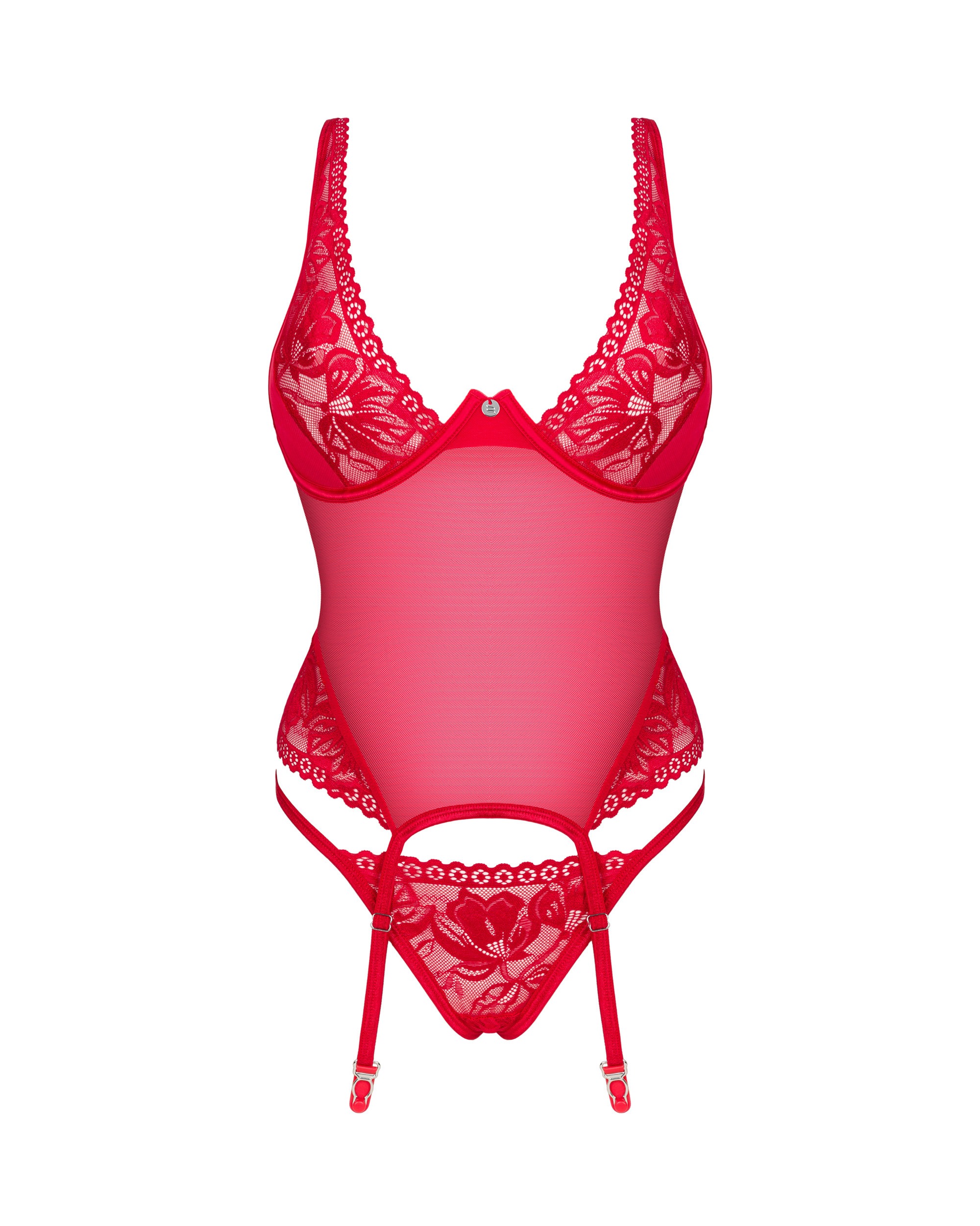 Прозрачный корсет с кружевными вставками и стринги Obsessive Lacelove красный, XS/S