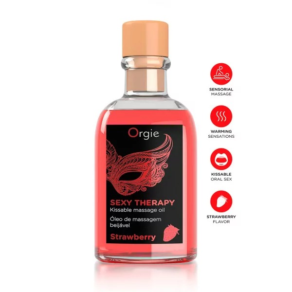 Набір Orgie SEXY THERAPY Strawberry: їстівна масажна олія зі смаком полуниці+перо